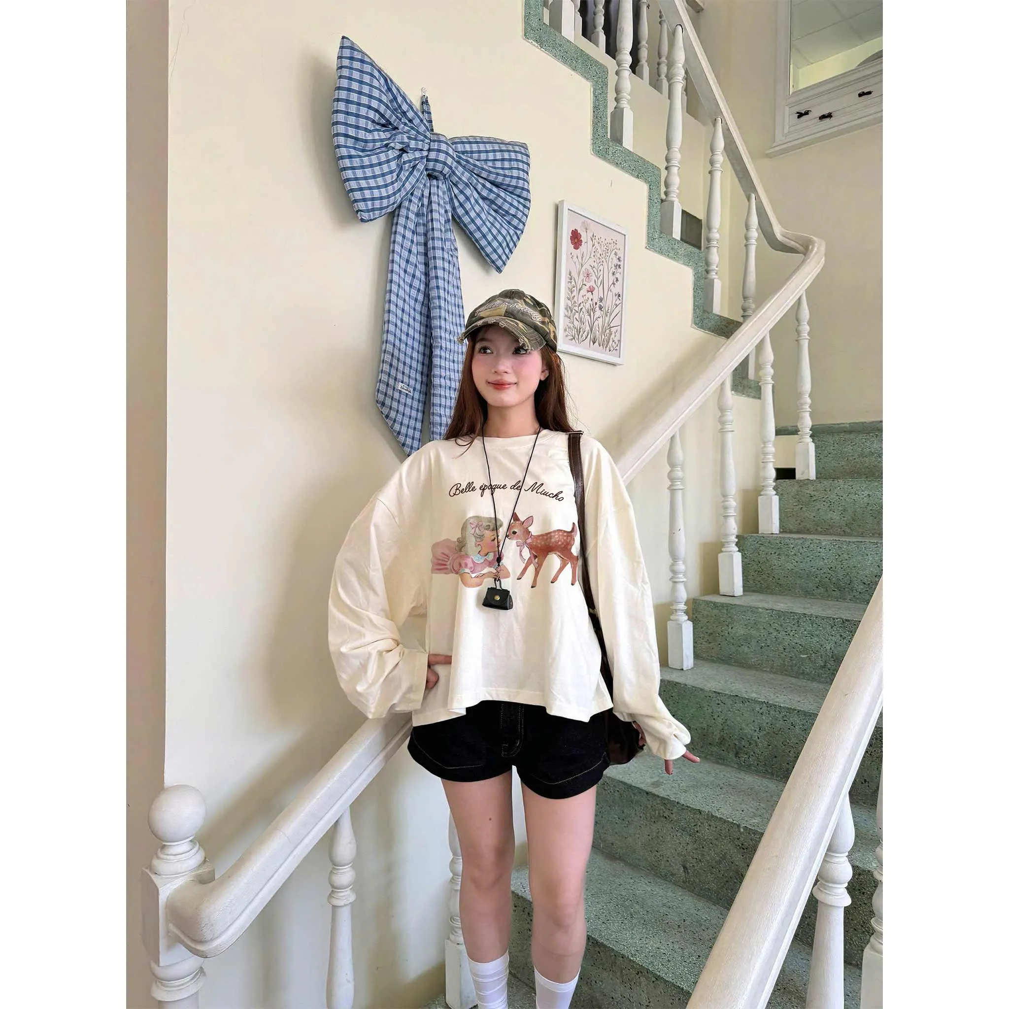 Áo tay dài boxy Miucho cotton co giãn 2C cổ tròn in hình dễ thương phong cách vintage 2649_thumbnail_6