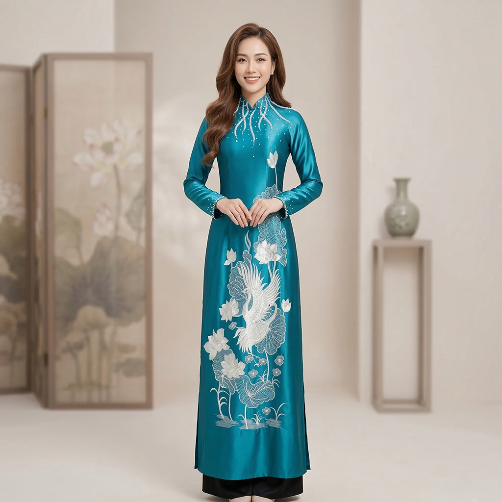 Áo Dài Mẹ Cô Dâu Chú Rể Thêu Hạc Hoa Sen Sang Trọng Chất Liệu Ruby Cao Cấp AM26-13_thumbnail_3