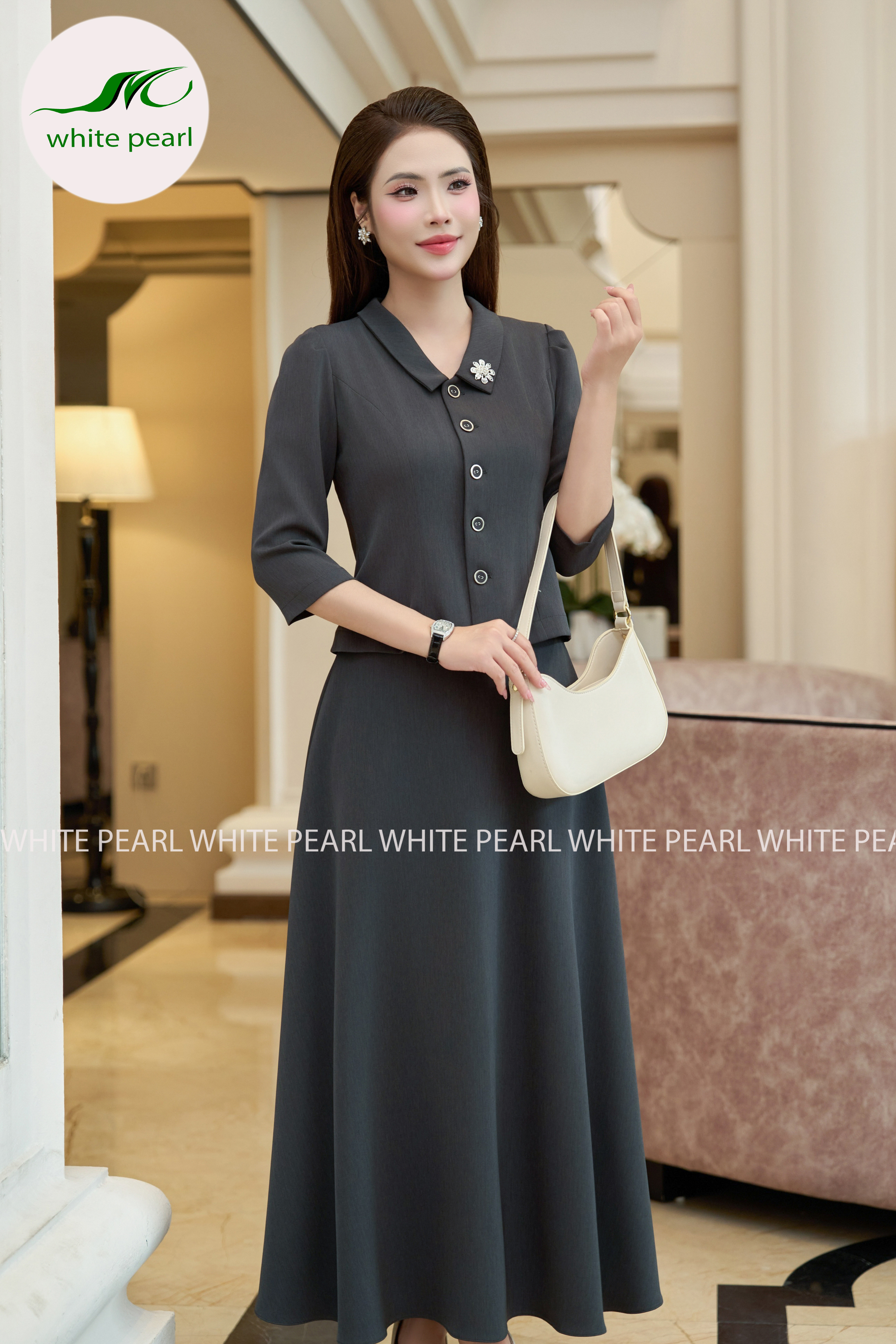 SET AK26-24 | Áo ký giả cổ sen vuông kết hợp Chân váy xoè CVTT26-09 Thời trang công sở cao cấp White Pearl_thumbnail_3