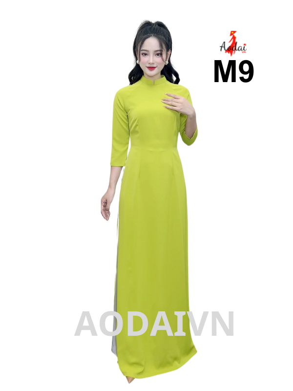 M9 Áo dài lụa Mỹ màu xanh cốm cổ cao 2cm tay lỡ