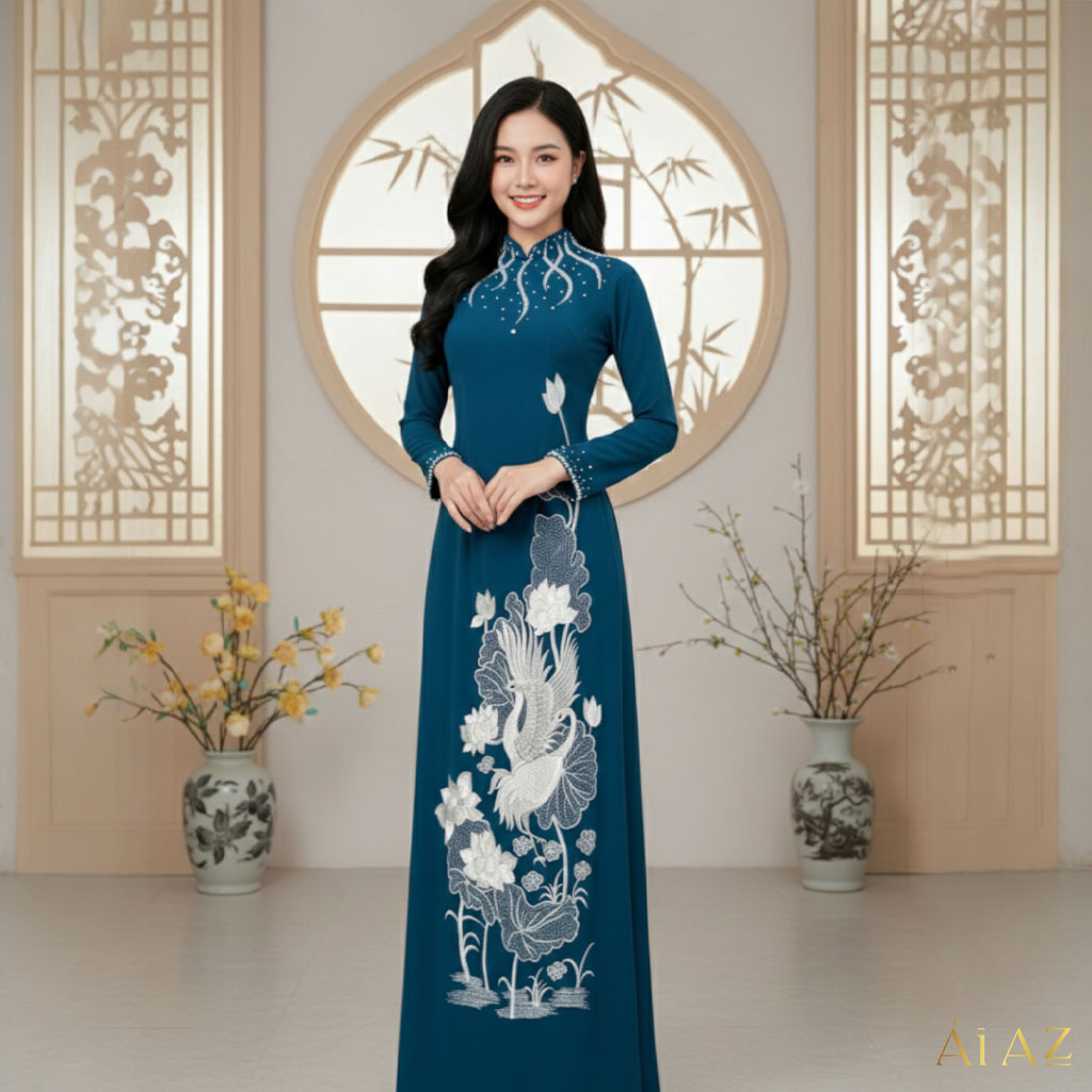 Áo Dài Mẹ Thêu Hạc Hoa Sen Dáng Truyền Thống AM25-06