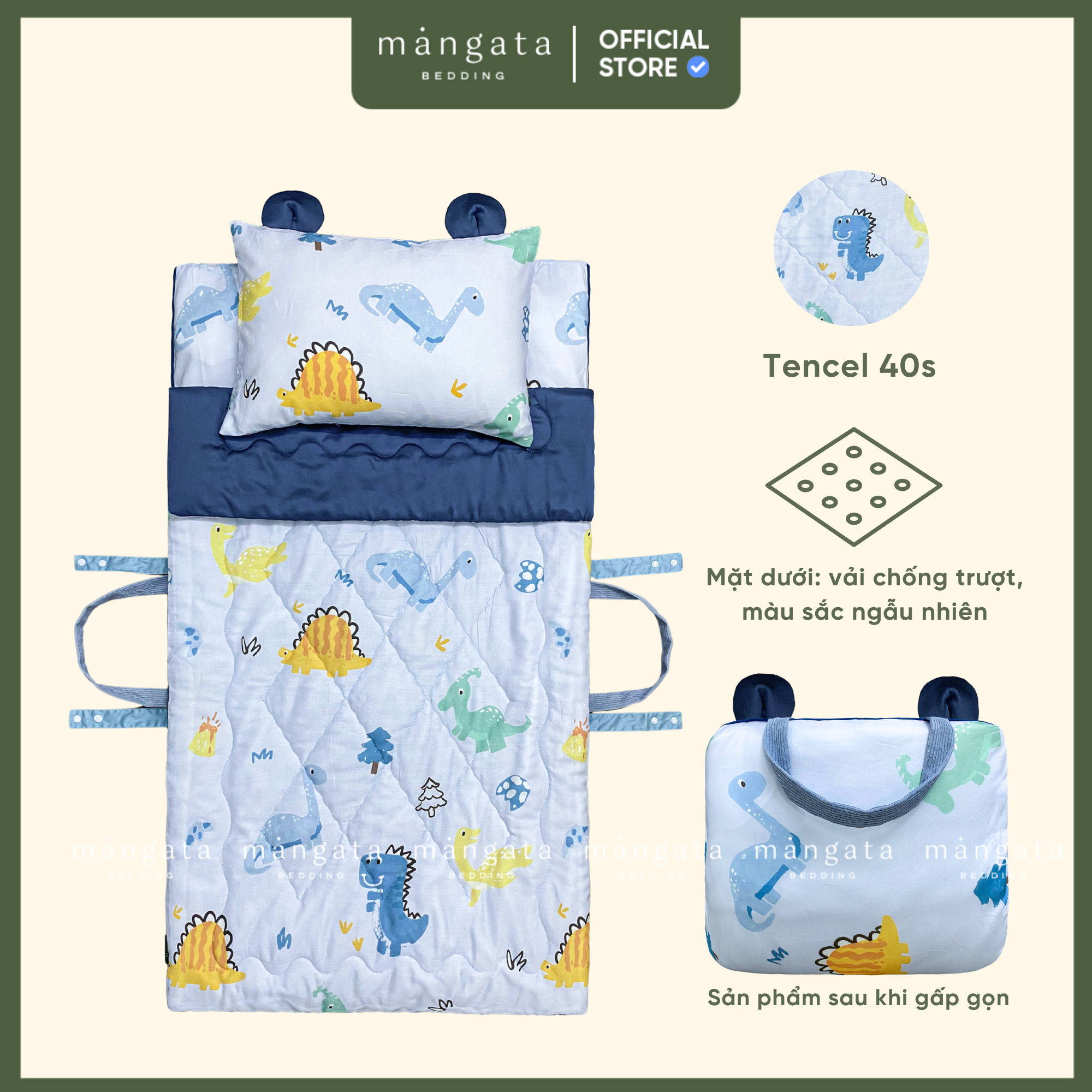 Mẫu Khủng long xanh - Bộ chăn gối gấp gọn đi học