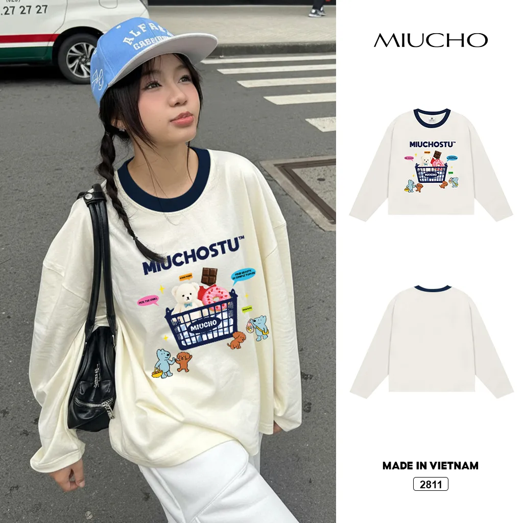 Áo thun unisex form boxy Miucho vải dày dặn thoáng mát tay dài phối cổ mix màu 2811