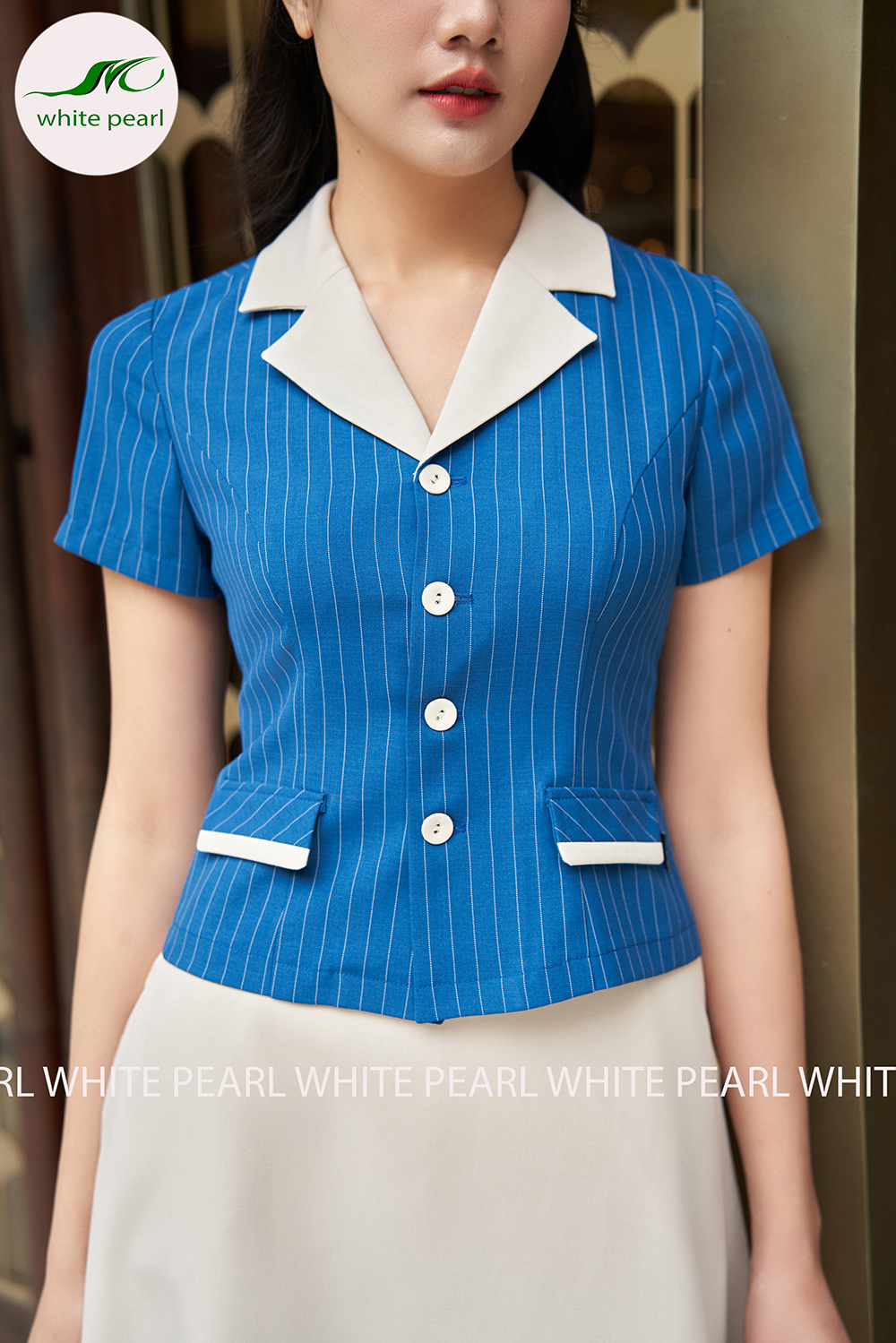 Bộ ký giả cổ K vải xước hàn kết hợp chân váy xòe màu da thời trang công sở cao cấp White Pearl_thumbnail_3
