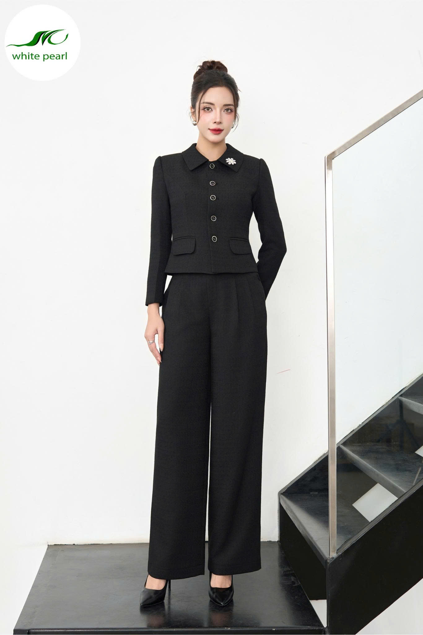 Quần suông dạ 2ly / Áo vest dạ cổ sen vuông Thời Trang Nữ White Pearl 