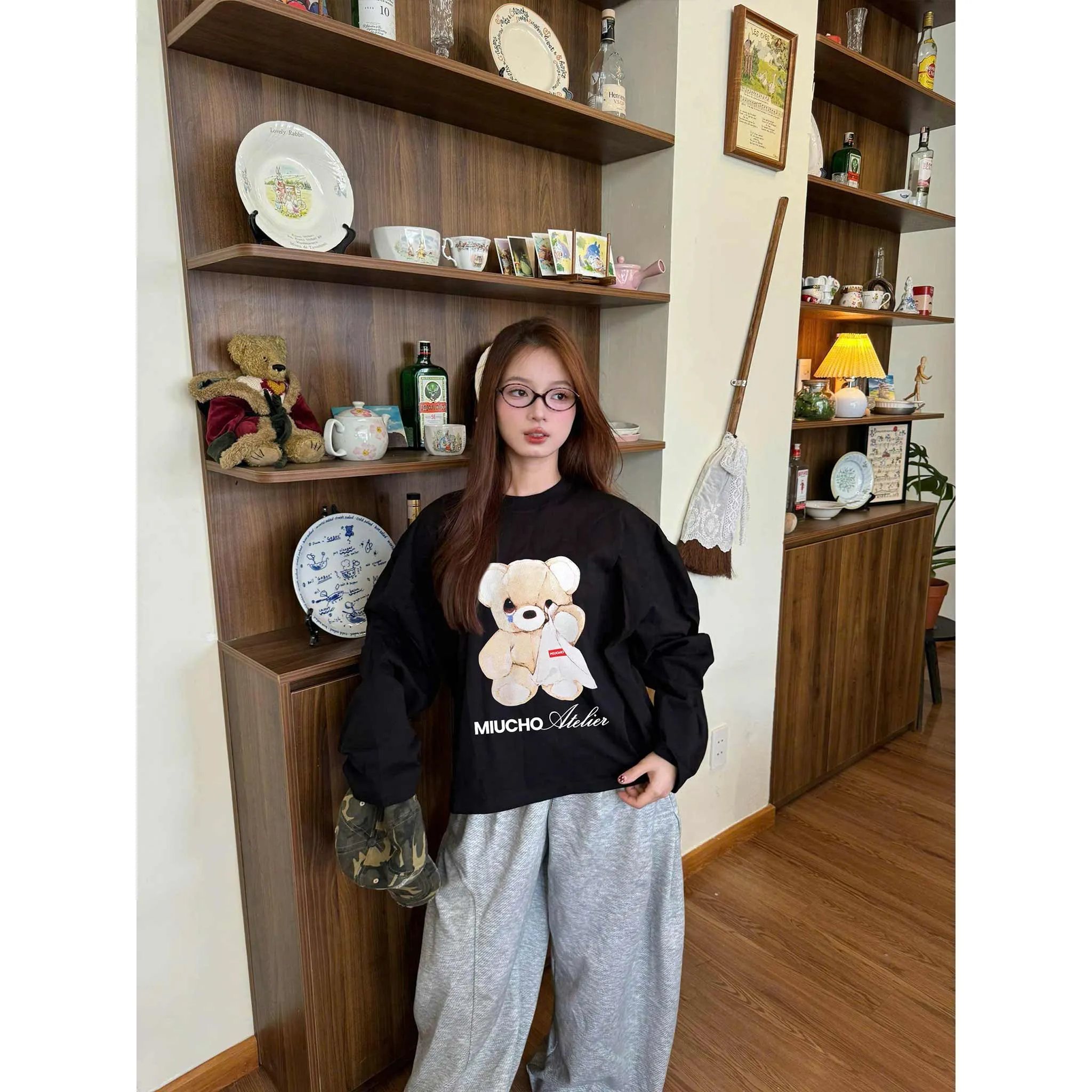 Áo thun form boxy tay dài Miucho cotton co giãn 2 chiều thoáng mát cổ tròn gấu bông in mix 2693_thumbnail_2