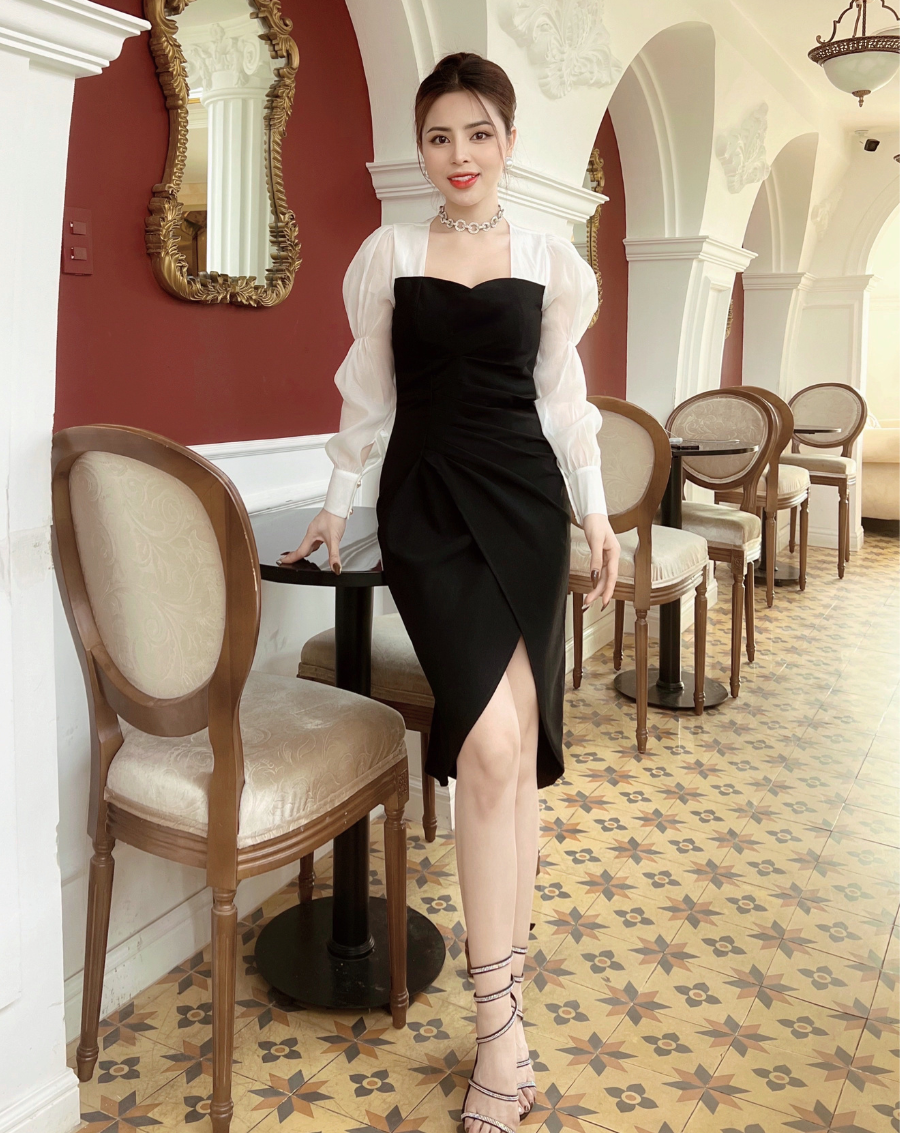 Đầm body xếp ly eo tay phối thanh lịch_thumbnail_5