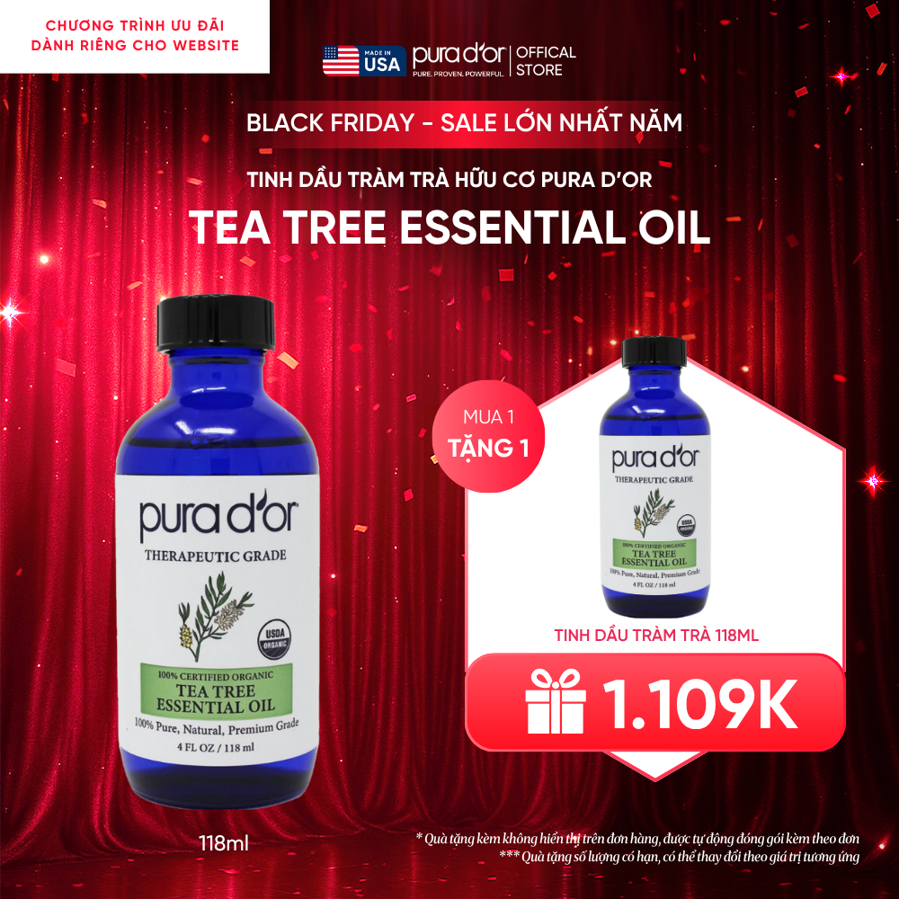 Tinh Dầu Tràm Trà Hữu Cơ Pura D'or Therapeutic Grade Tea Tree Essential Oil 118ml
