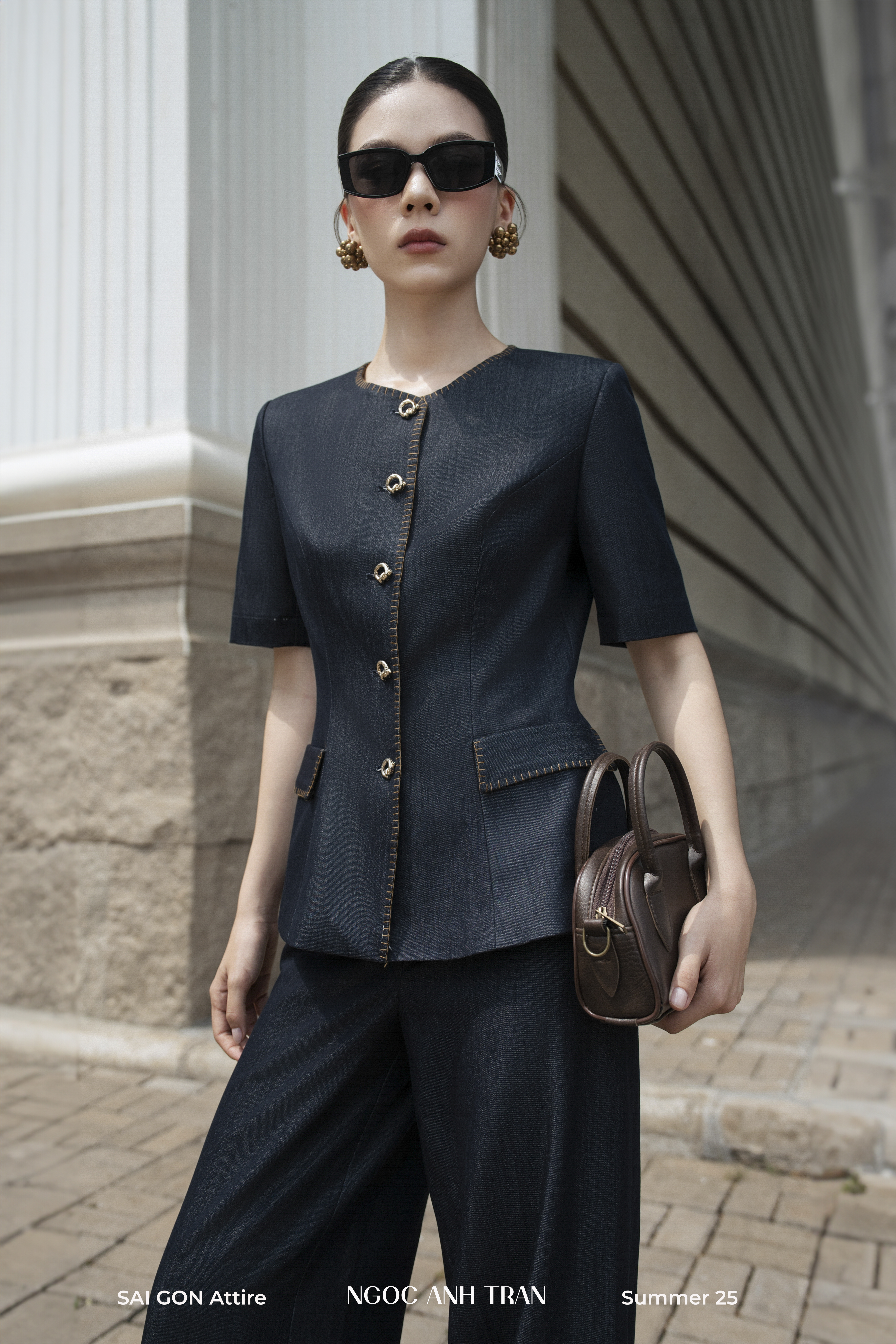 Set A173 - Set denim mềm họa tiết viền chỉ vàng