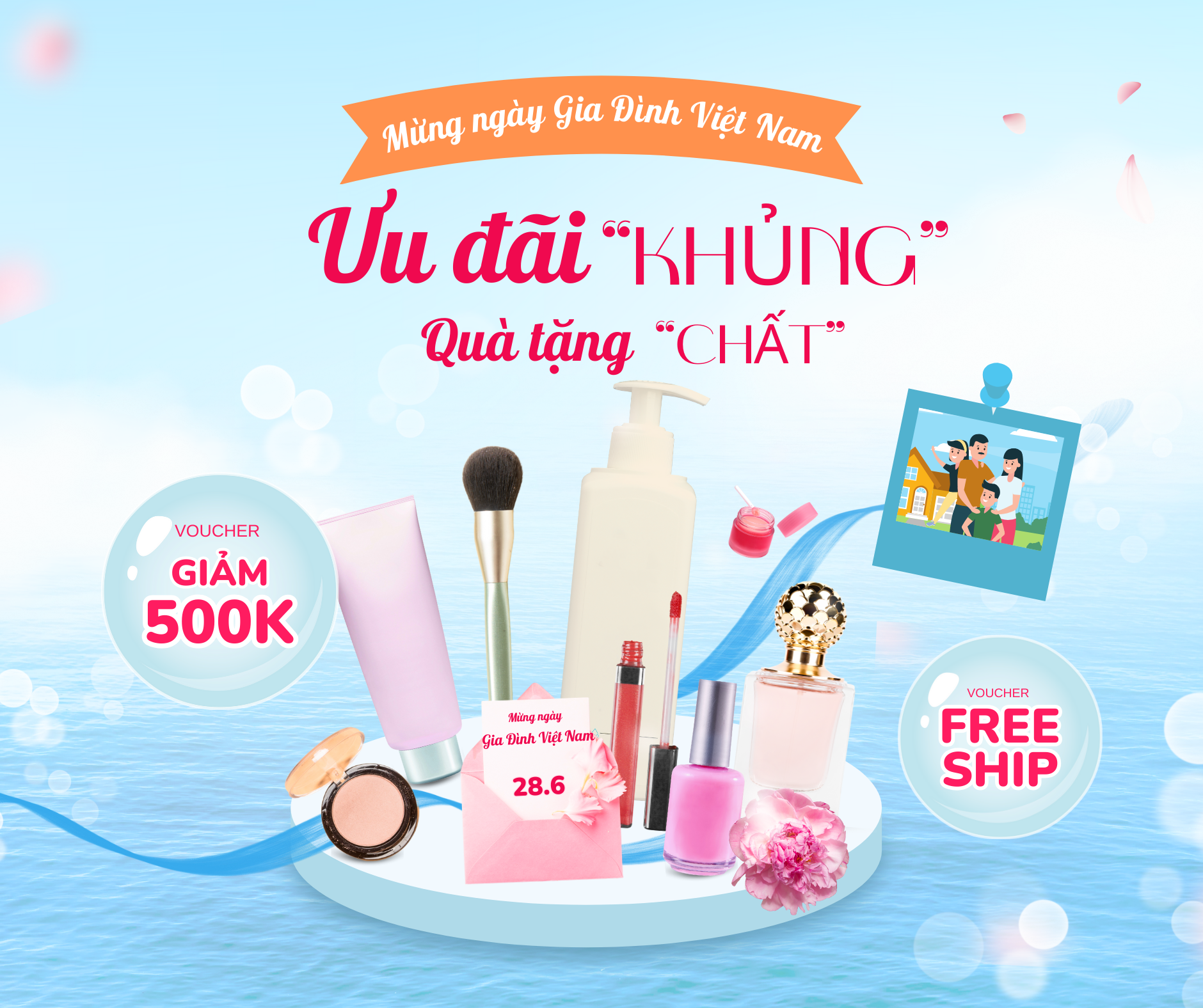 Bài đăng Facebook Xanh dương hồng cam hiện đại mỹ phẩm khuyến mãi gia đình Việt Nam