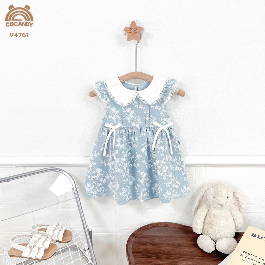 Váy hoa XANH TRẮNG cổ sen phối ren 2 nơ eo