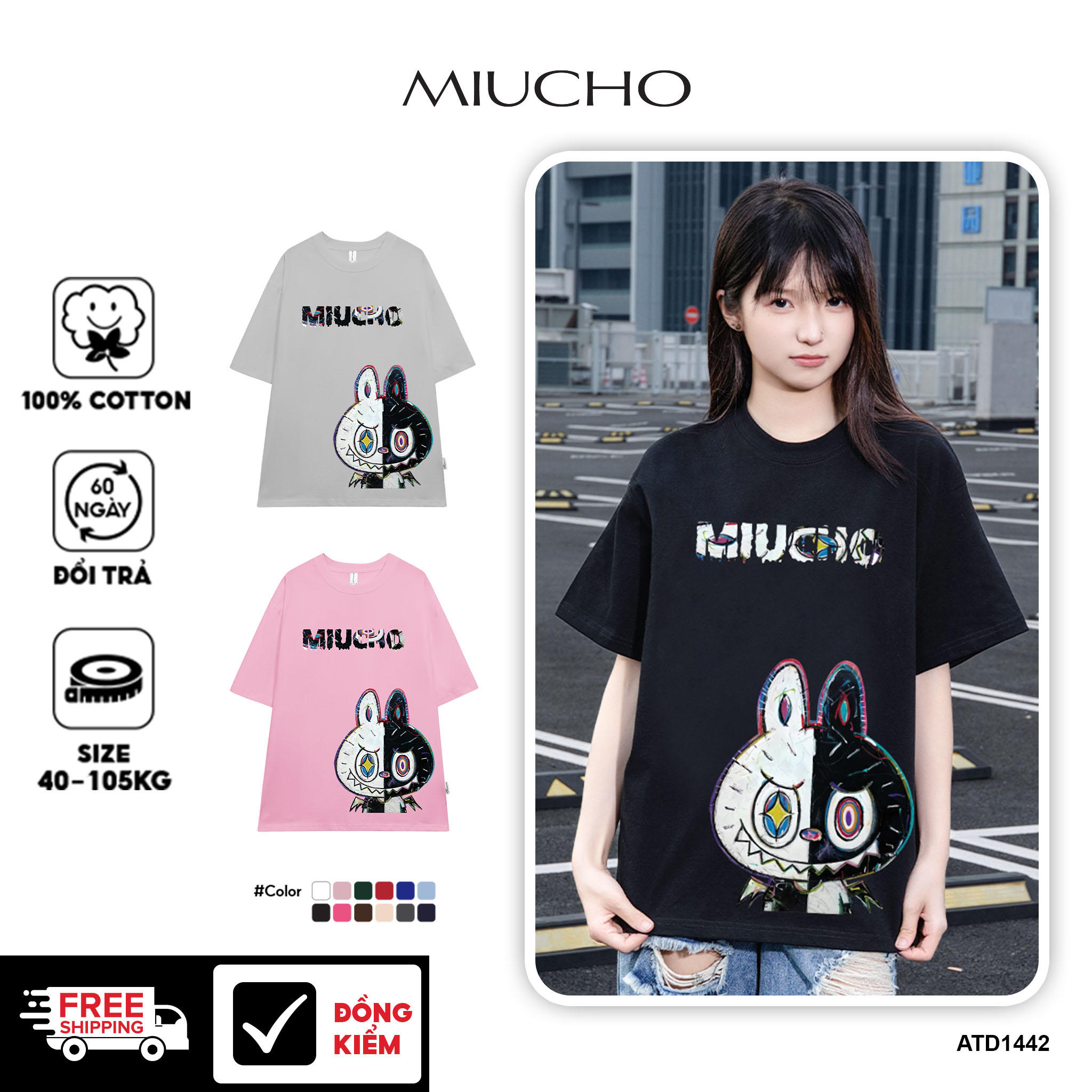 Áo phông labubu form rộng unisex ATD1442 Miucho tay ngắn cổ tròn in mix