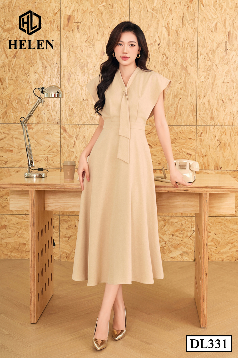Đầm xòe màu be tay chờm cổ nơ DL331_thumbnail_2