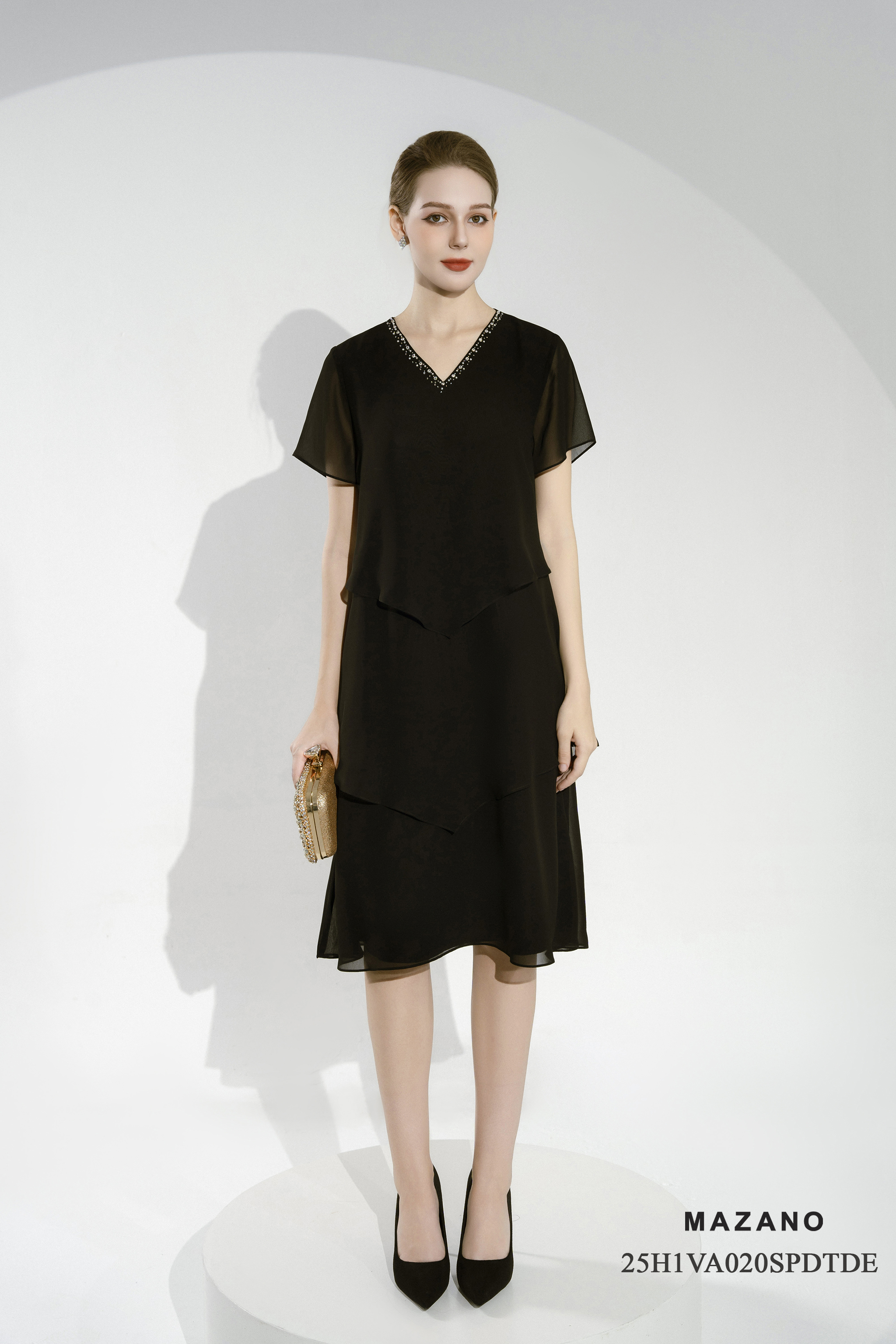 Váy Đầm Suông A layer Vải voan mỏng Đính trang trí Cổ V Tay ngắn Dài váy qua gối