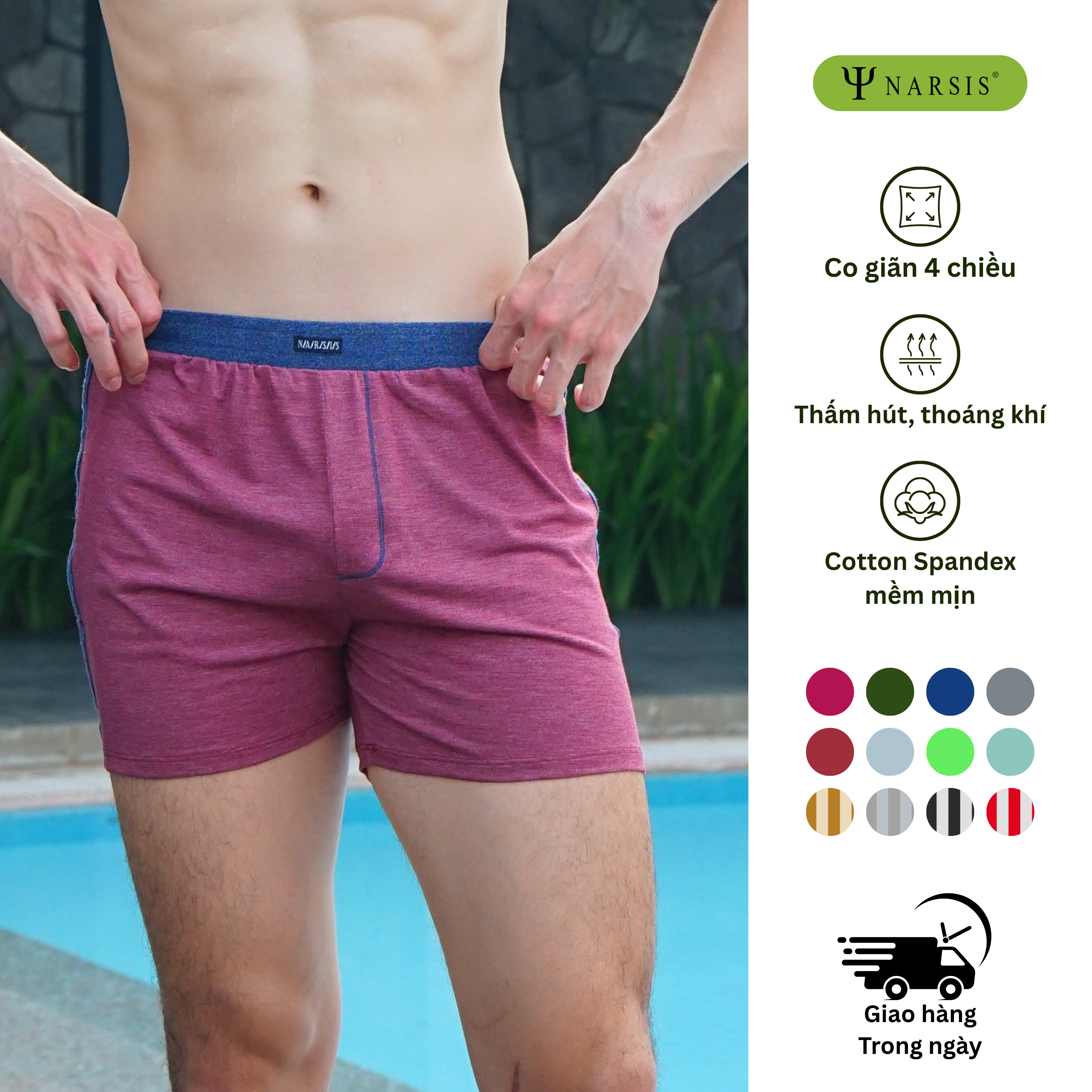 QUẦN ĐÙI NAM MÀU MẬN NARSIS CHẤT LIỆU COTTON CẠP CHUN CO GIÃN THOẢI MÁI S23010 NARSIS VẢI COTTON ...