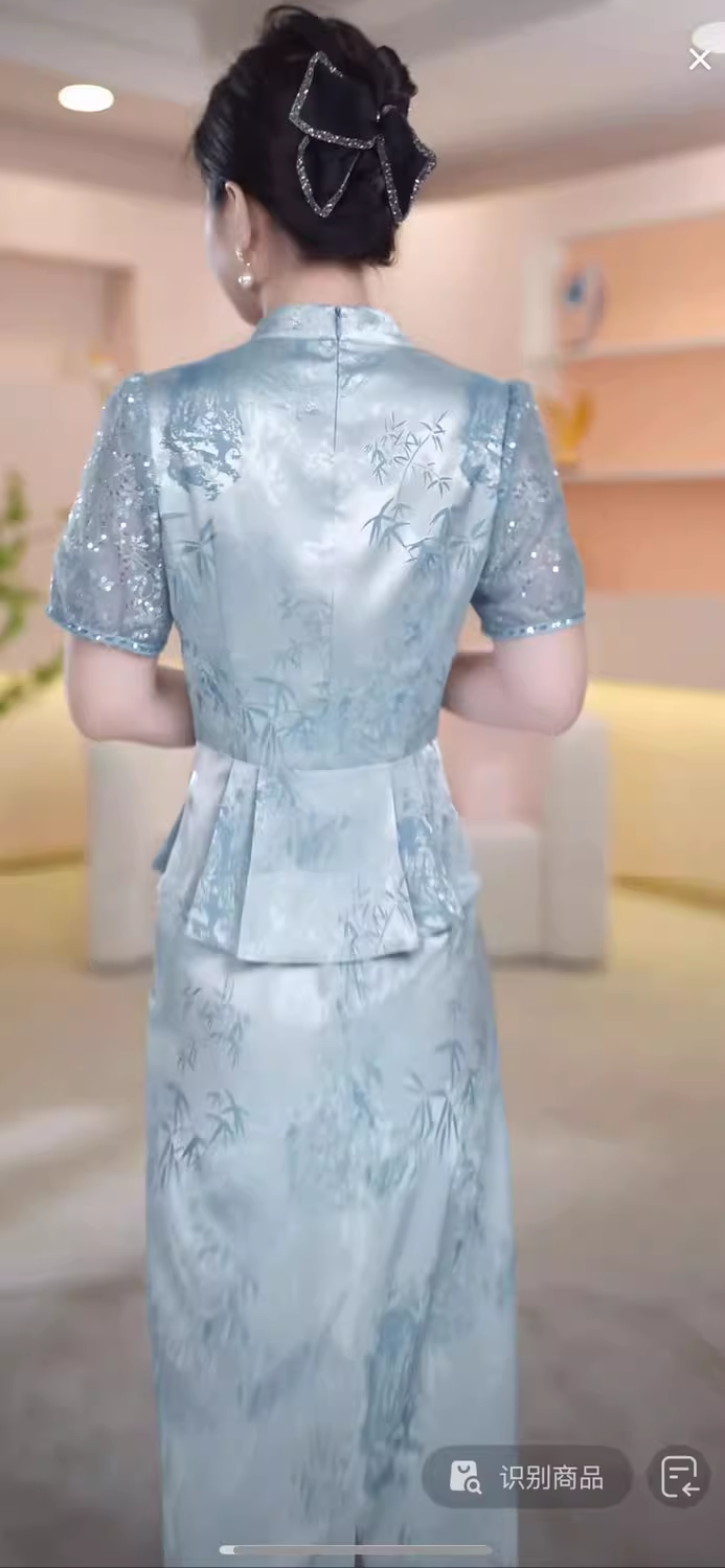 17813-Set áo kèm chân váy suông lụa xanh phối ren tay ngắn ( lụa vân gấm)_thumbnail_1