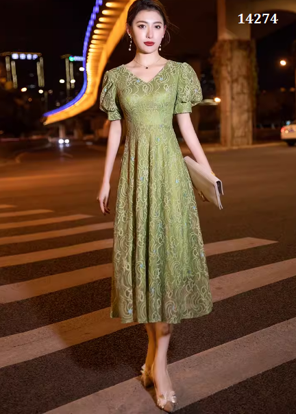 14274-Đầm ren xòe tay phồng cổ tim in họa tiết ( ren lưới, lót)_thumbnail_0