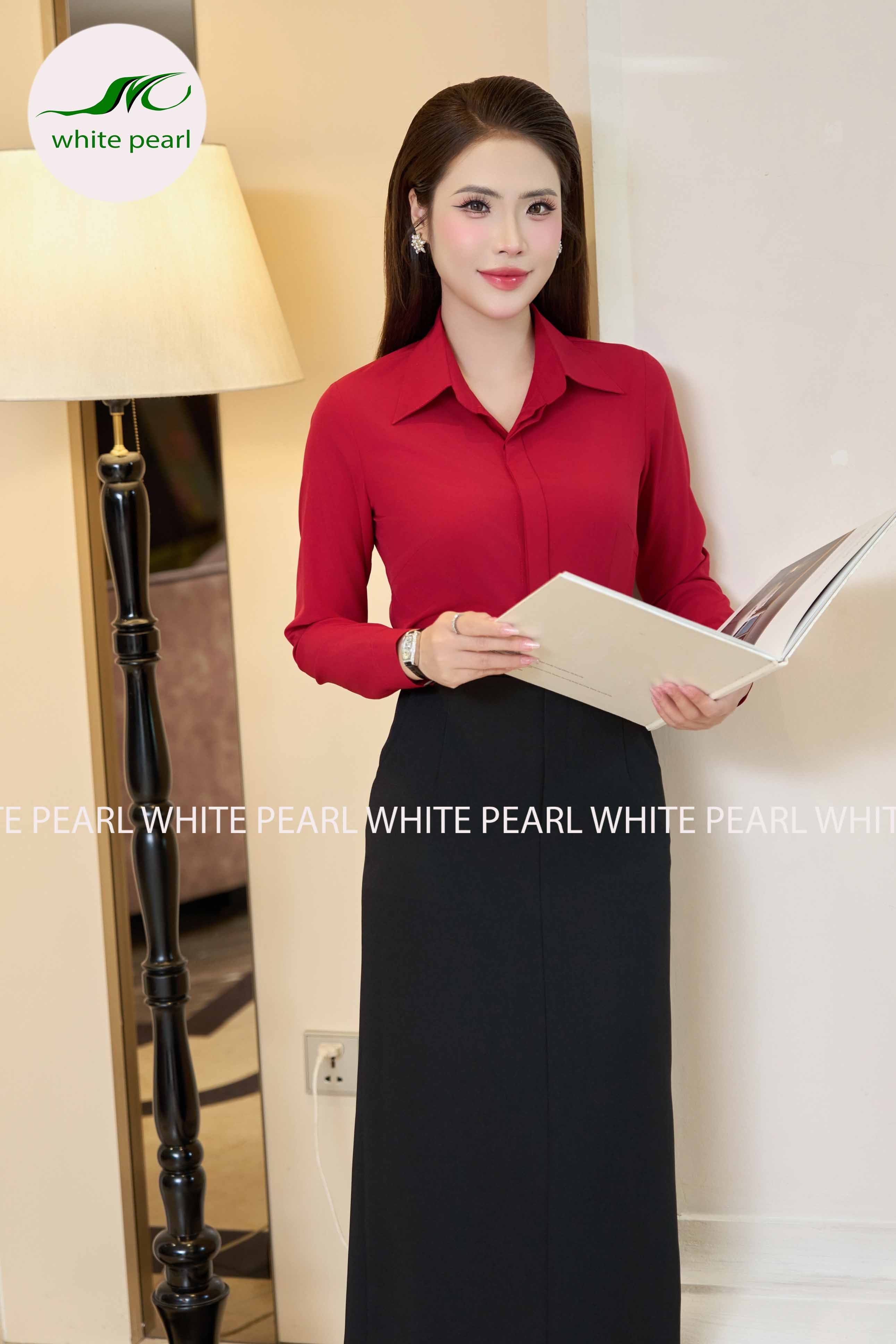 Áo sơ mi cổ đức tay dài kết hợp Chân váy ôm suông đỉa X  CVTT26-11 Thời trang công sở cao cấp White Pearl_thumbnail_2
