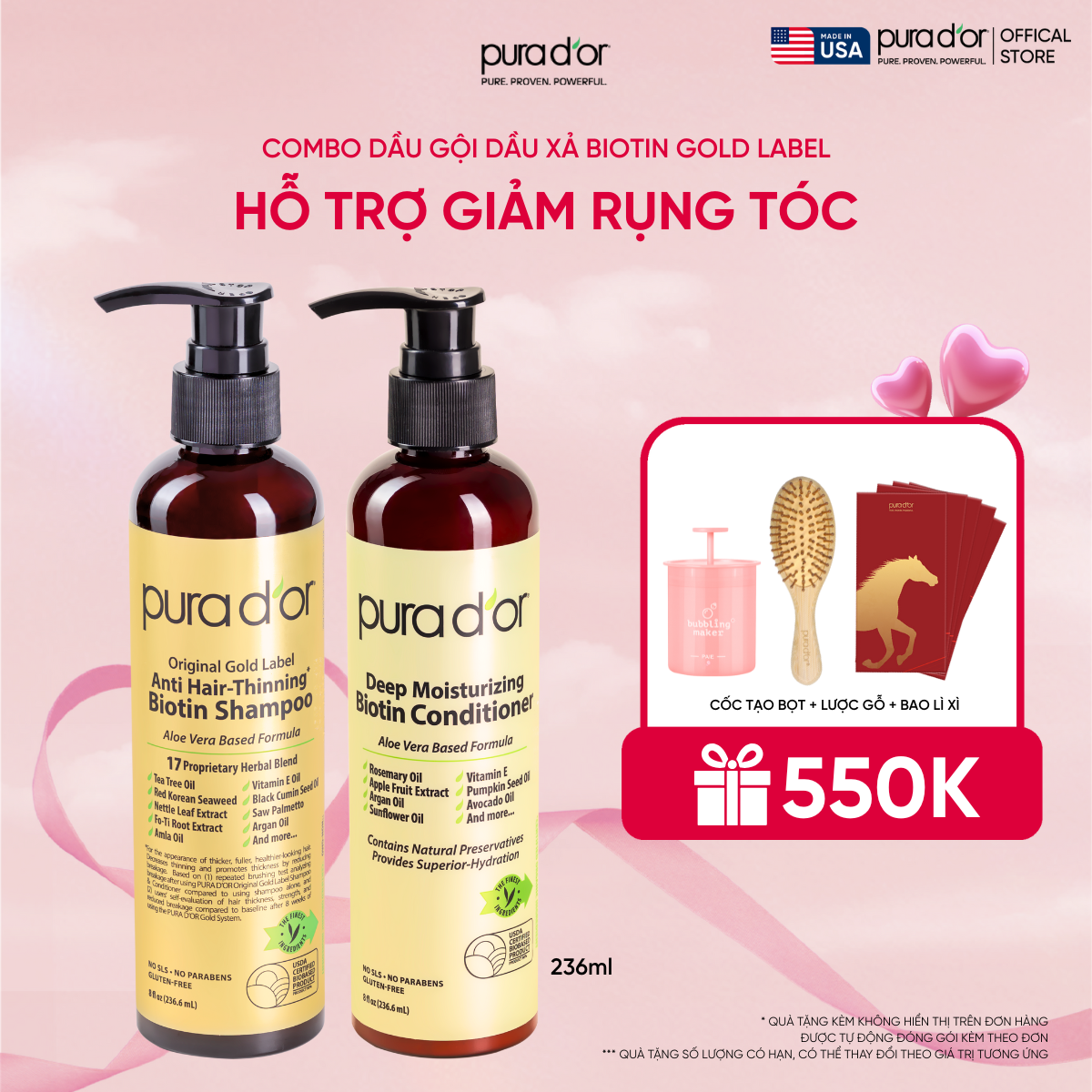 Combo Gội - Xả Biotin Pura D'or Original Gold Label & Deep Moisturizing Chăm Sóc Da Đầu, Dưỡng Ẩm Chuyên Sâu 236ml