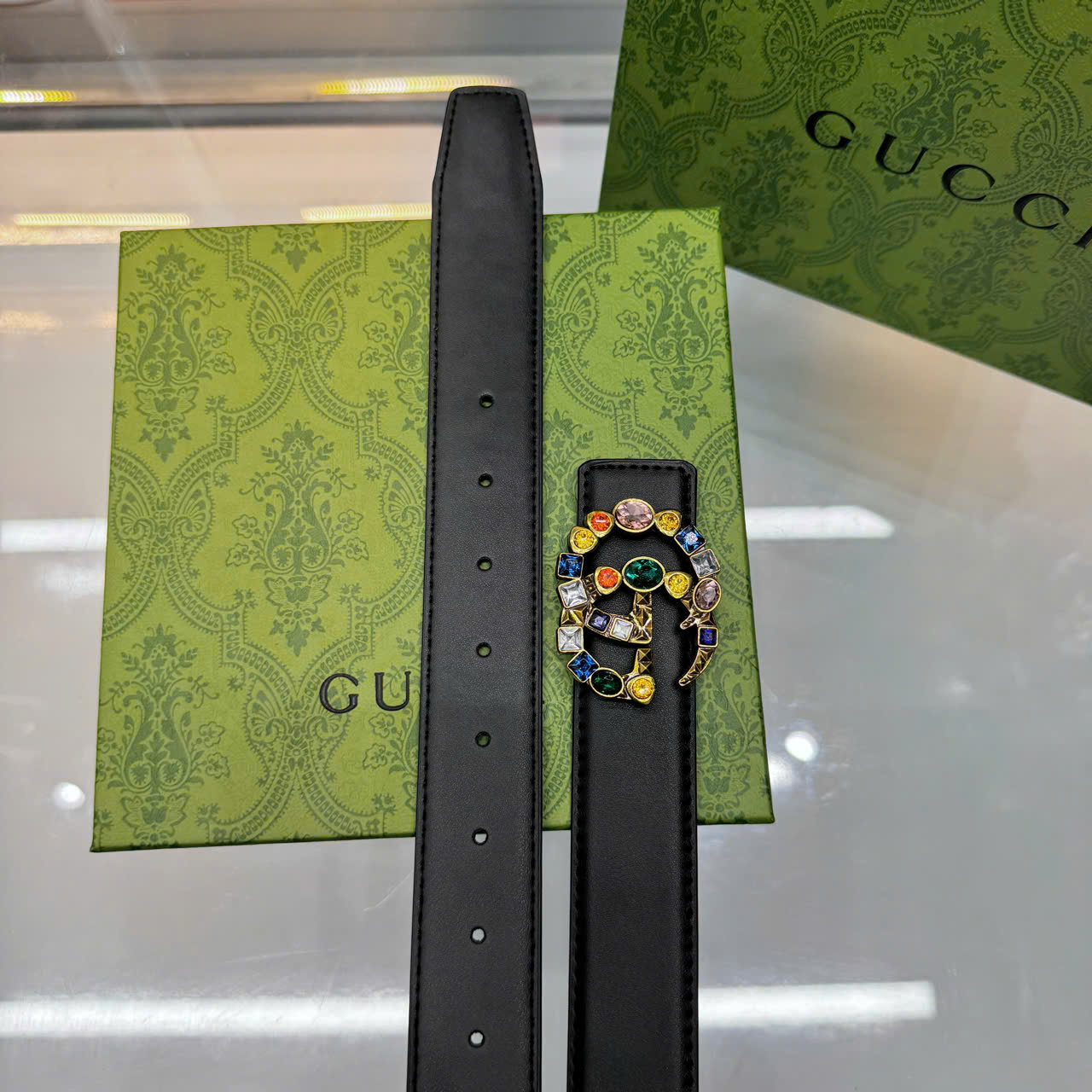 Thắt lưng Gucci Crystal GG Buckle Leather Belt đính đá_thumbnail_3