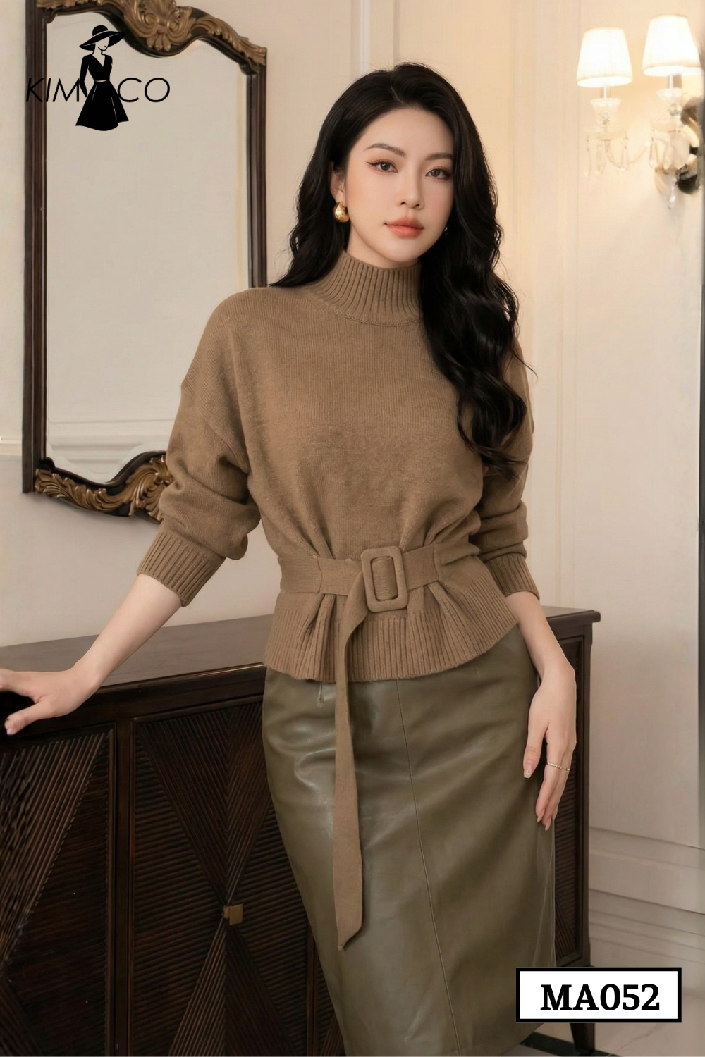 Áo Len Nâu Cổ Lọ Thắt Eo Thanh Lịch - MA052