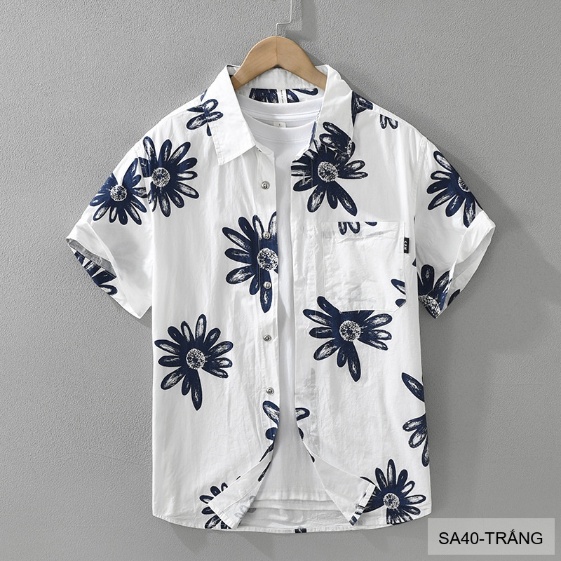 SA40 - Áo sơ mi nam tay ngắn họa tiết hoa cúc, phong cách Hàn Quốc, chất cotton thoáng mát