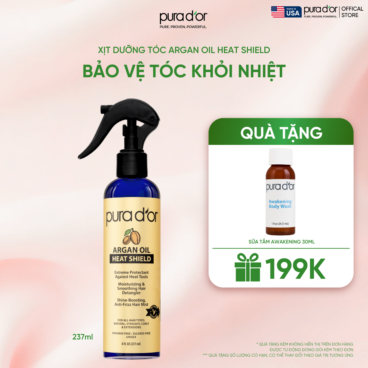 Xịt Dưỡng Giúp Bảo Vệ Tóc Khỏi Nhiệt Pura D'or Argan Oil Heat Shield Chiết Xuất Thiên Nhiên 237ml