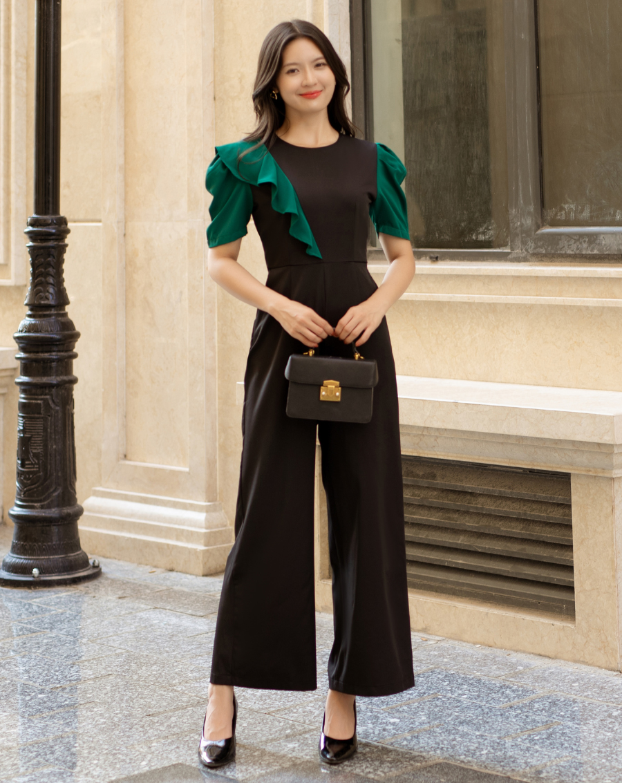 Jumpsuit ống suông cổ tròn bèo vai tay con phối màu