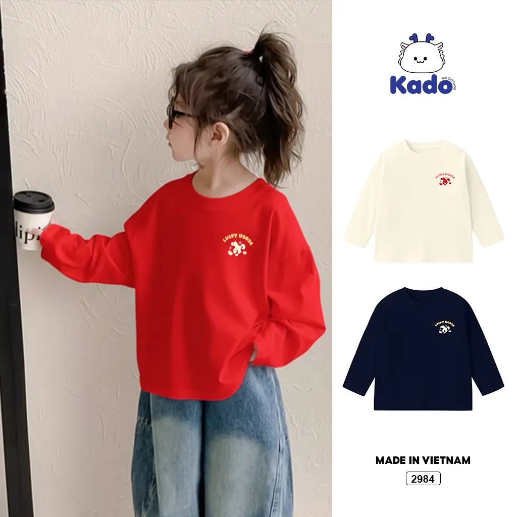 Áo thun Tết bé gái Kado vải cotton thoáng mát tay dài form rộng họa tiết nhỏ 2984