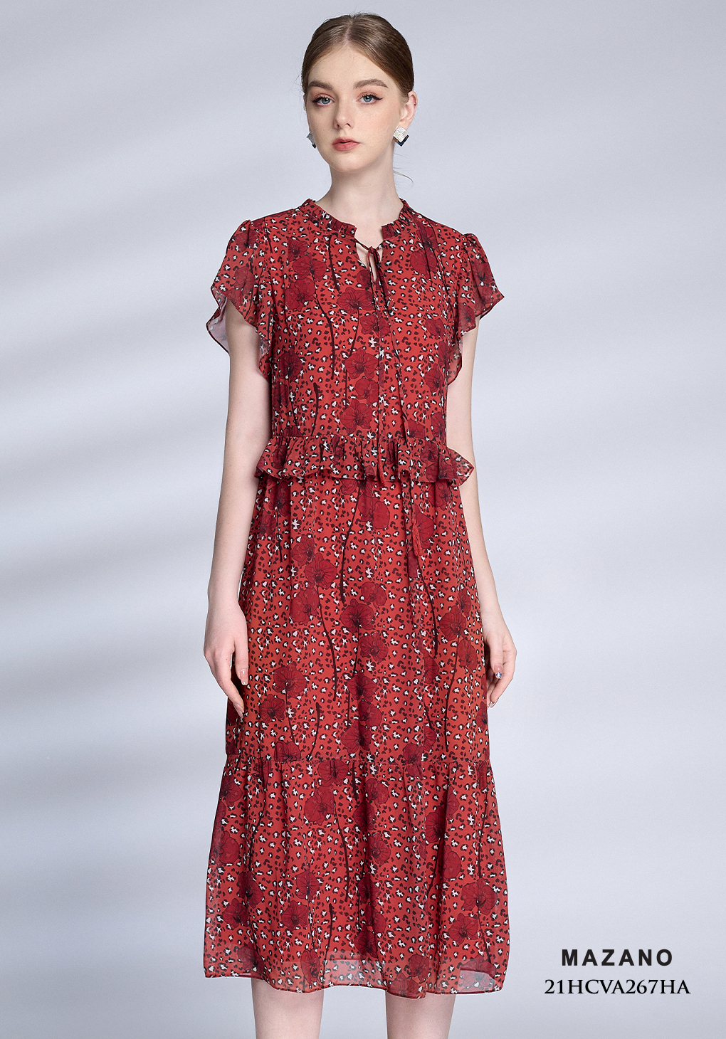 Đầm đỏ suông họa tiết phối bèo_thumbnail_2