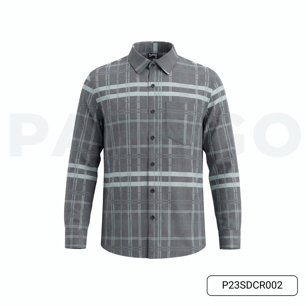 Áo sơ mi nam trung niên PAPAGO cao cấp tay dài vải lụa lai bầu in hoạ tiết sọc caro mềm mát - P23SDCR002