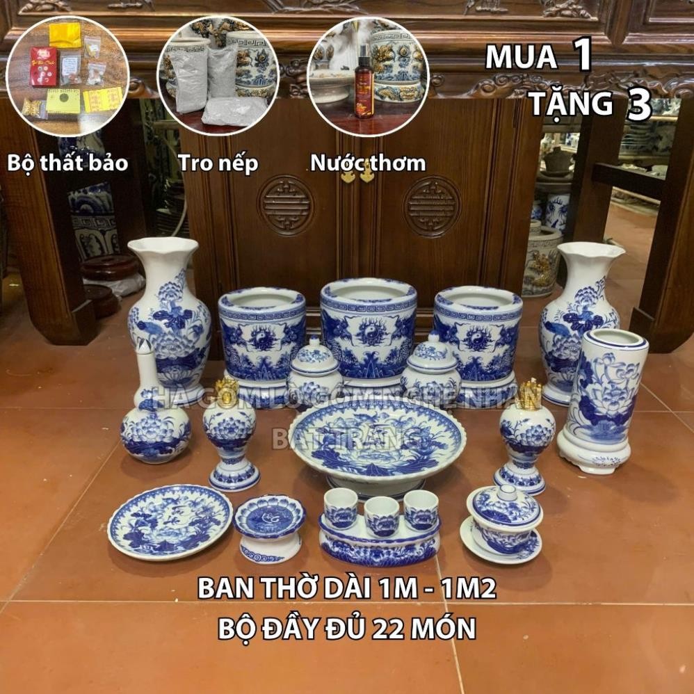 HG363 Đồ Thờ Cúng Bộ 22 món ban thờ 1M - 1M2 men lam nghệ nhân Bát Tràng chế tác TẶNG Thất Bảo, Tro Nếp