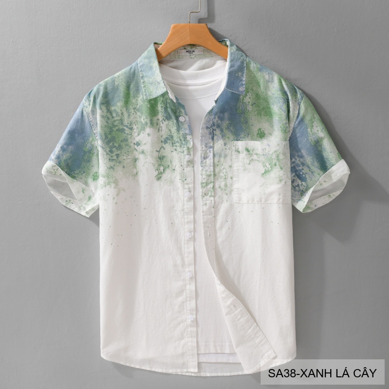 SA38 - Áo sơ mi nam tay ngắn họa tiết loang màu xanh lá và xám, phong cách trẻ trung mùa hè