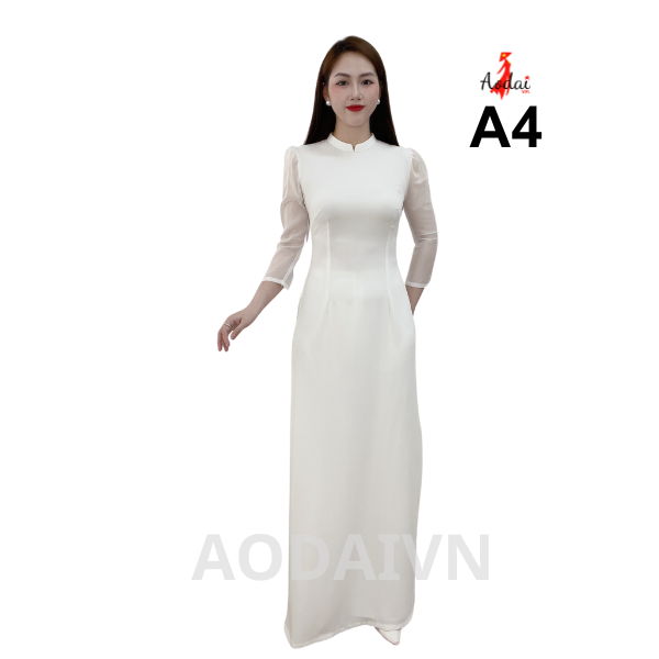 HS4 Áo dài học sinh cổ cao 2cm tay ghép von tơ may lỡ,  màu trắng sứ lụa Mỹ