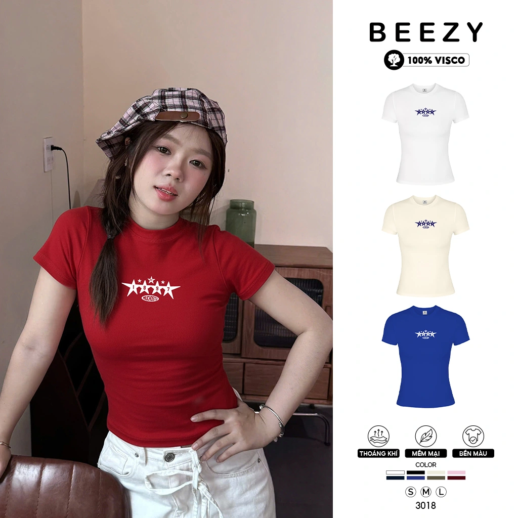 Áo baby tee nữ slim fit Beezy vải visco thoáng mát ôm body tay ngắn cổ tròn basic in mix