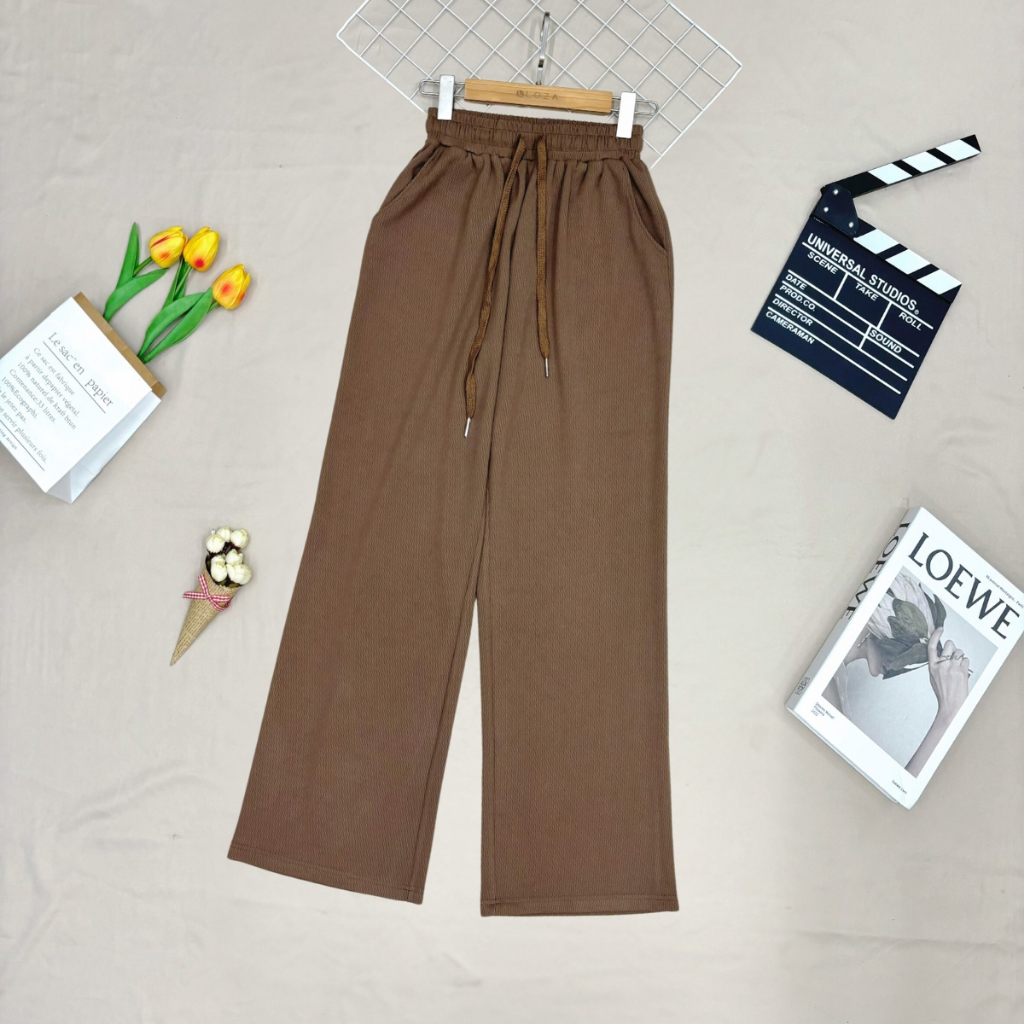 Quần ống rộng nữ LOZA vải tăm ong dày dặn cạp cao co giãn có dây rút culottes dáng thụng -LQ094214_thumbnail_1