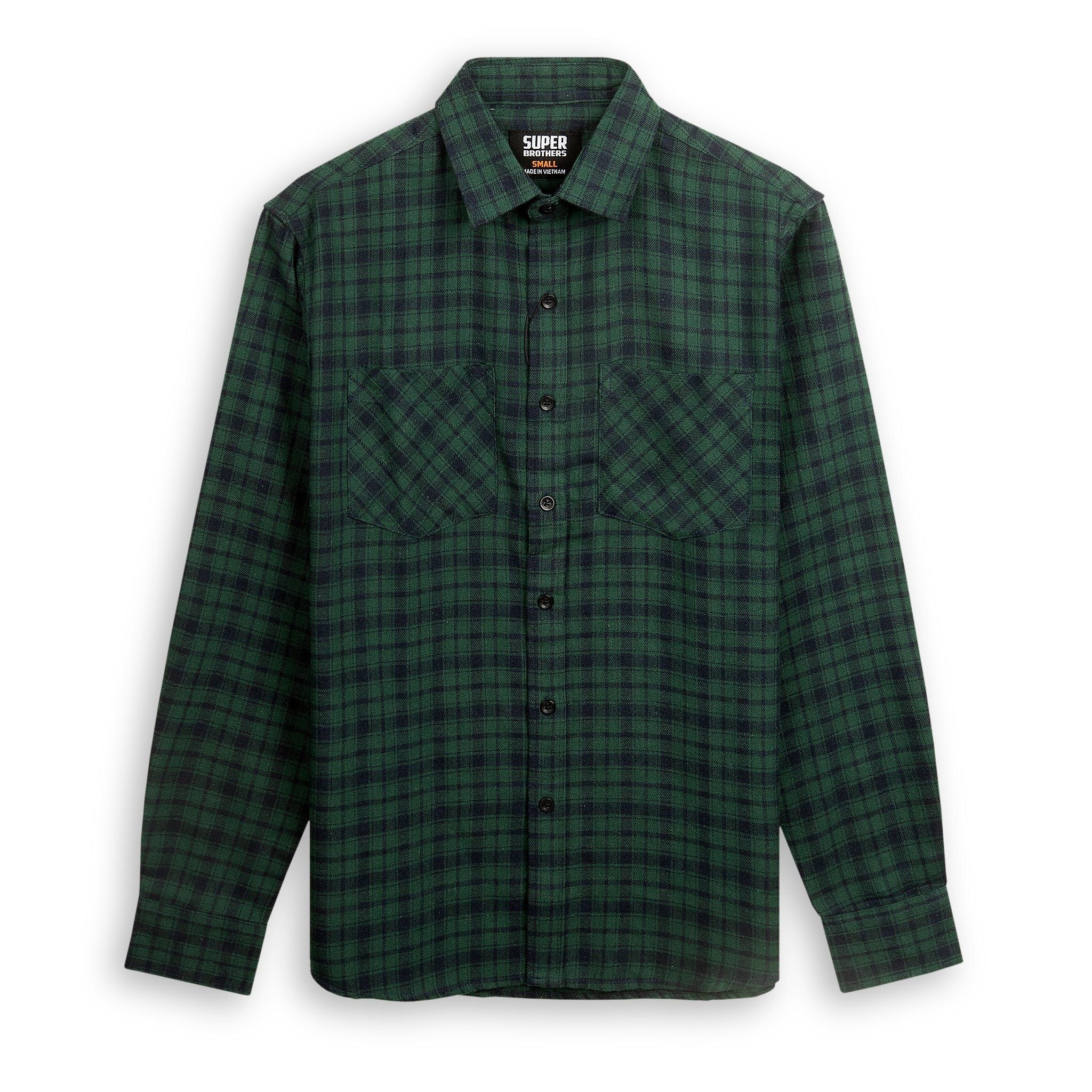 Áo Sơ Mi Super Brother FLANNEL Cotton Cá Sấu Logo Thêu Màu Xanh Lá