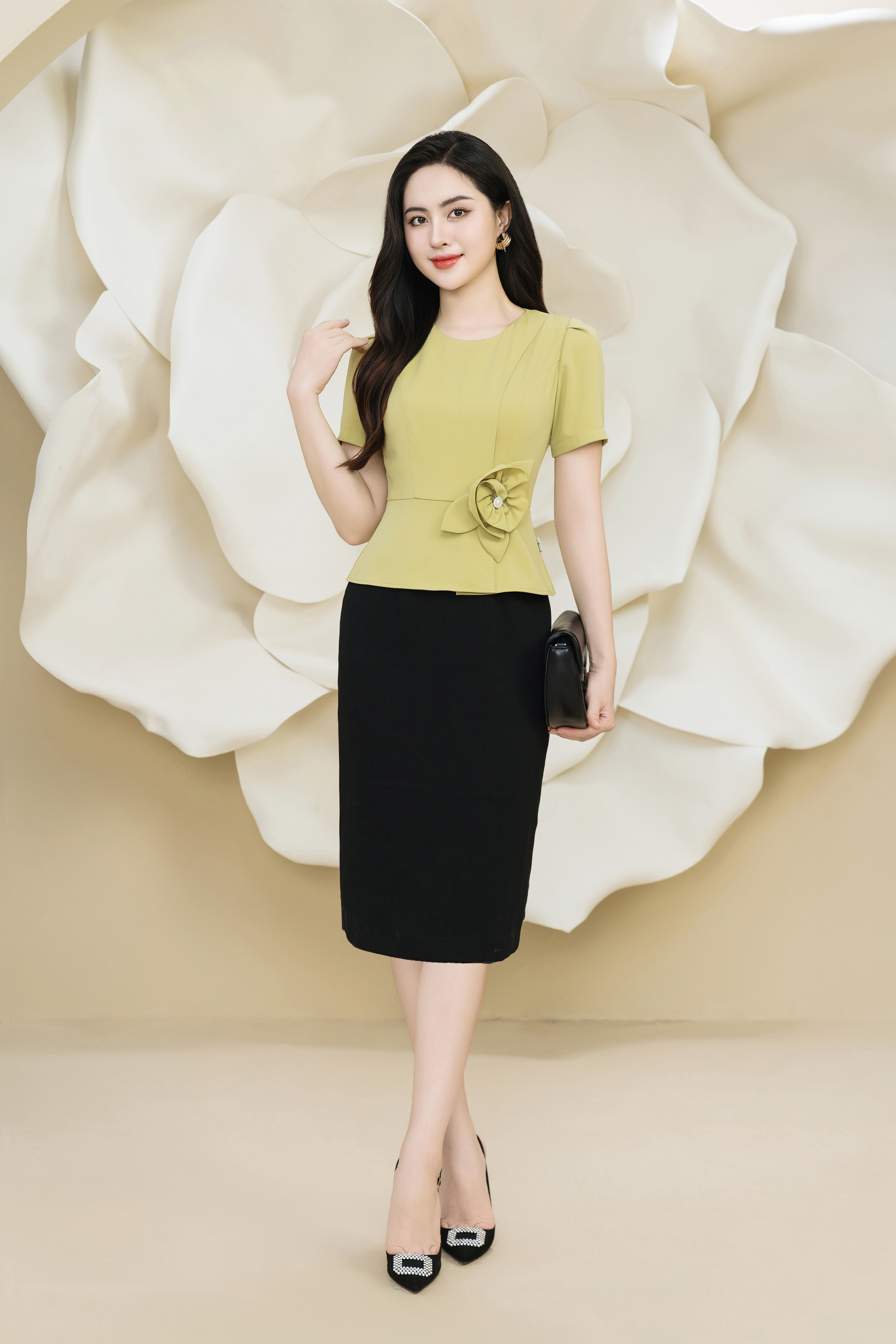 Đầm xoè peplum xanh hoa eo phối chân váy 1 màu_thumbnail_2