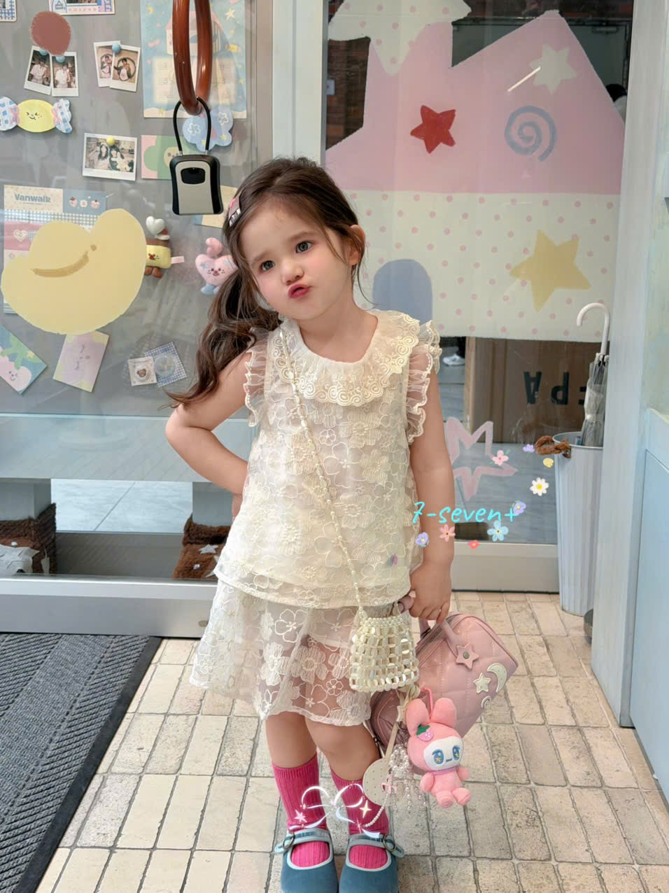 H193 - Set ren hoa cổ bèo sát nách 2 chi tiết hãng Seven