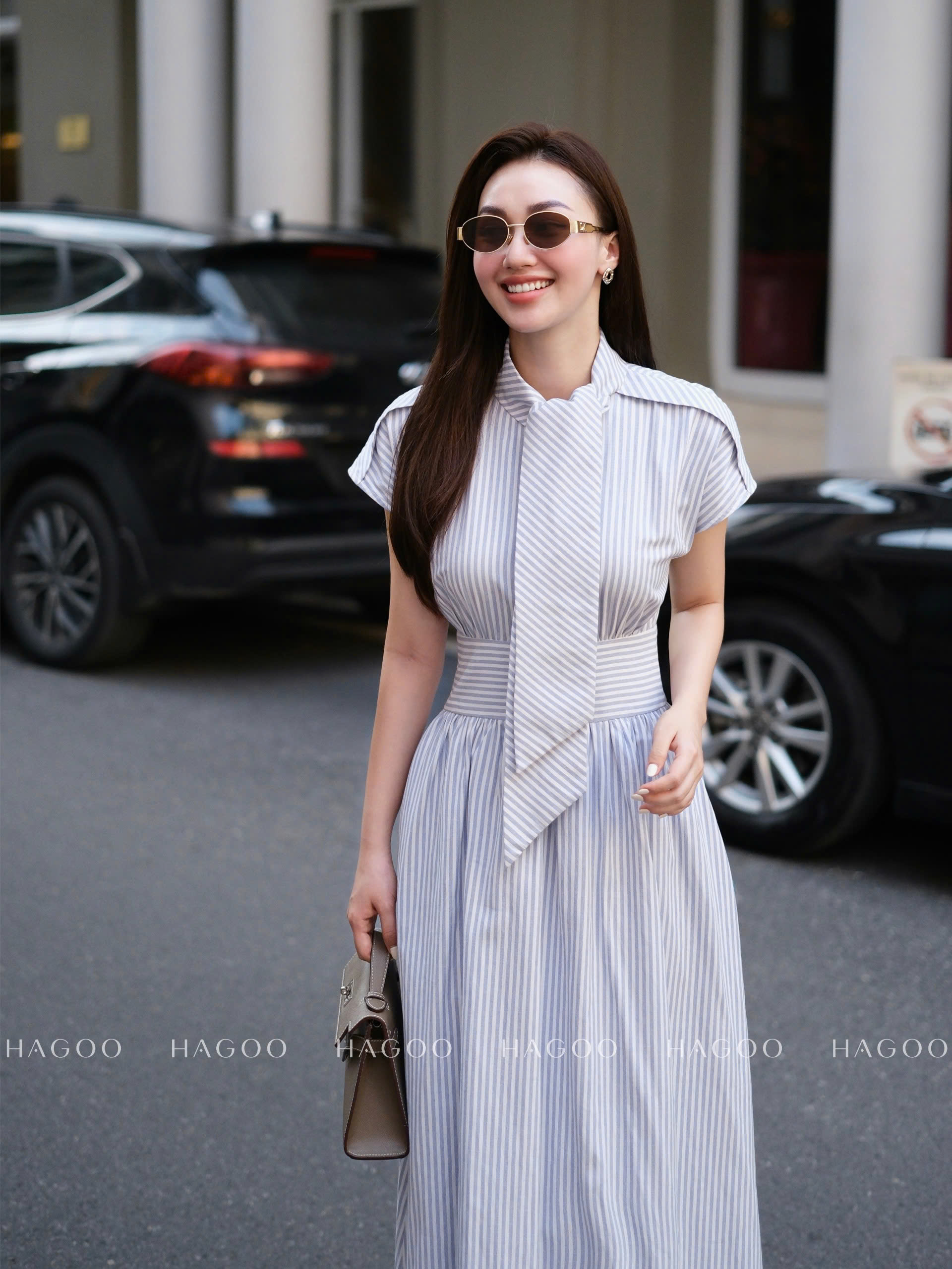 Váy kẻ sọc dây nơ HAGOO_thumbnail_2