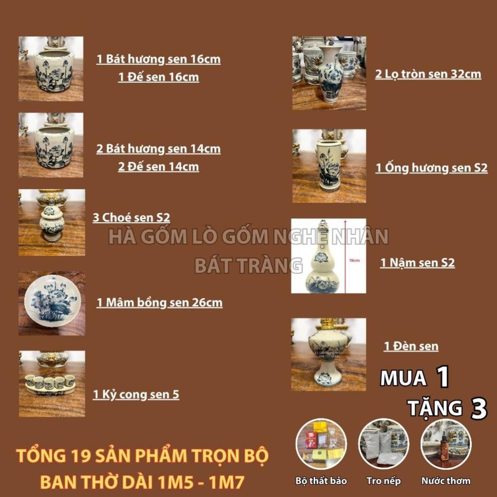HG125 Đồ Thờ Cúng Bộ 19 món ban thờ 1M5 - 1M7 men rạn trơn nghệ nhân Bát Tràng chế tác TẶNG Thất Bảo, Tro Nếp_thumbnail_1