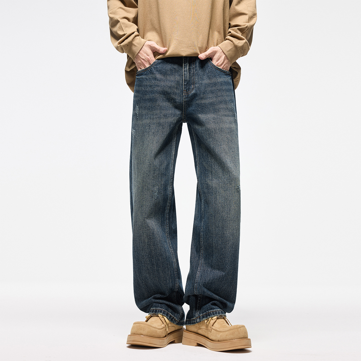 2025Mùa thu mới giặt quần jean nam hợp thời trang thương hiệu dáng rộng thẳng phong cách retro dạo phố cao cấp quần ống rộng dài