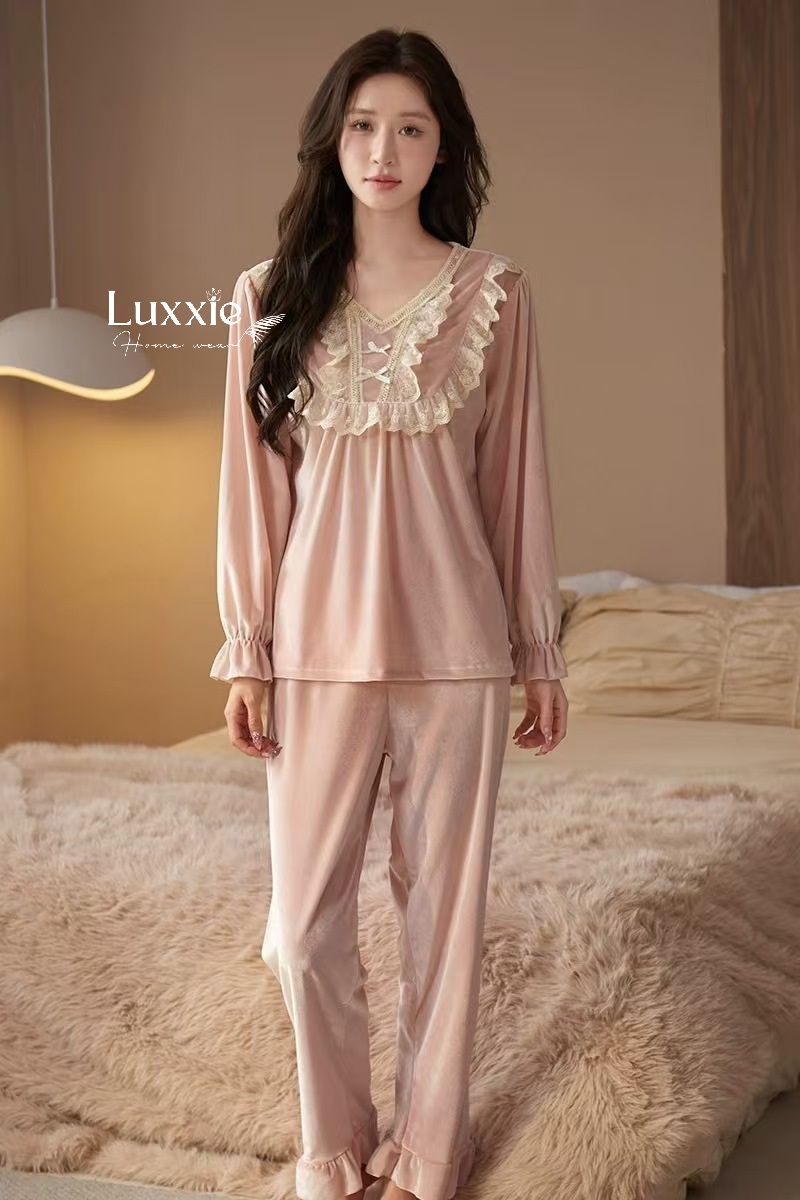 NHUNG34 Bộ ngủ nhung cổ ren trắng đính nơ_thumbnail_8