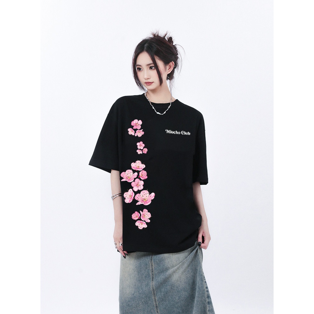 Áo thun Tết in hoa đào form rộng local brand ATD923 Miucho tay ngắn cổ tròn in mix_thumbnail_5