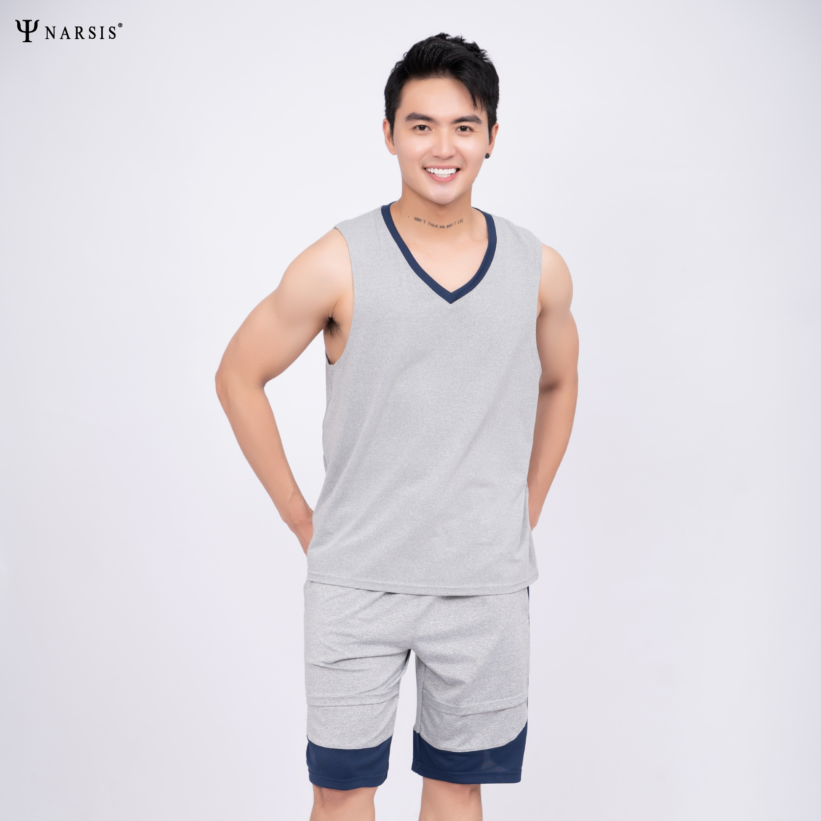BỘ QUẦN ÁO THỂ THAO NAM POLYESTER SPANDEX GHI XANH NARSIS - PRO-ACTIVE XANH GHI KHỎE KHOẮN E23005