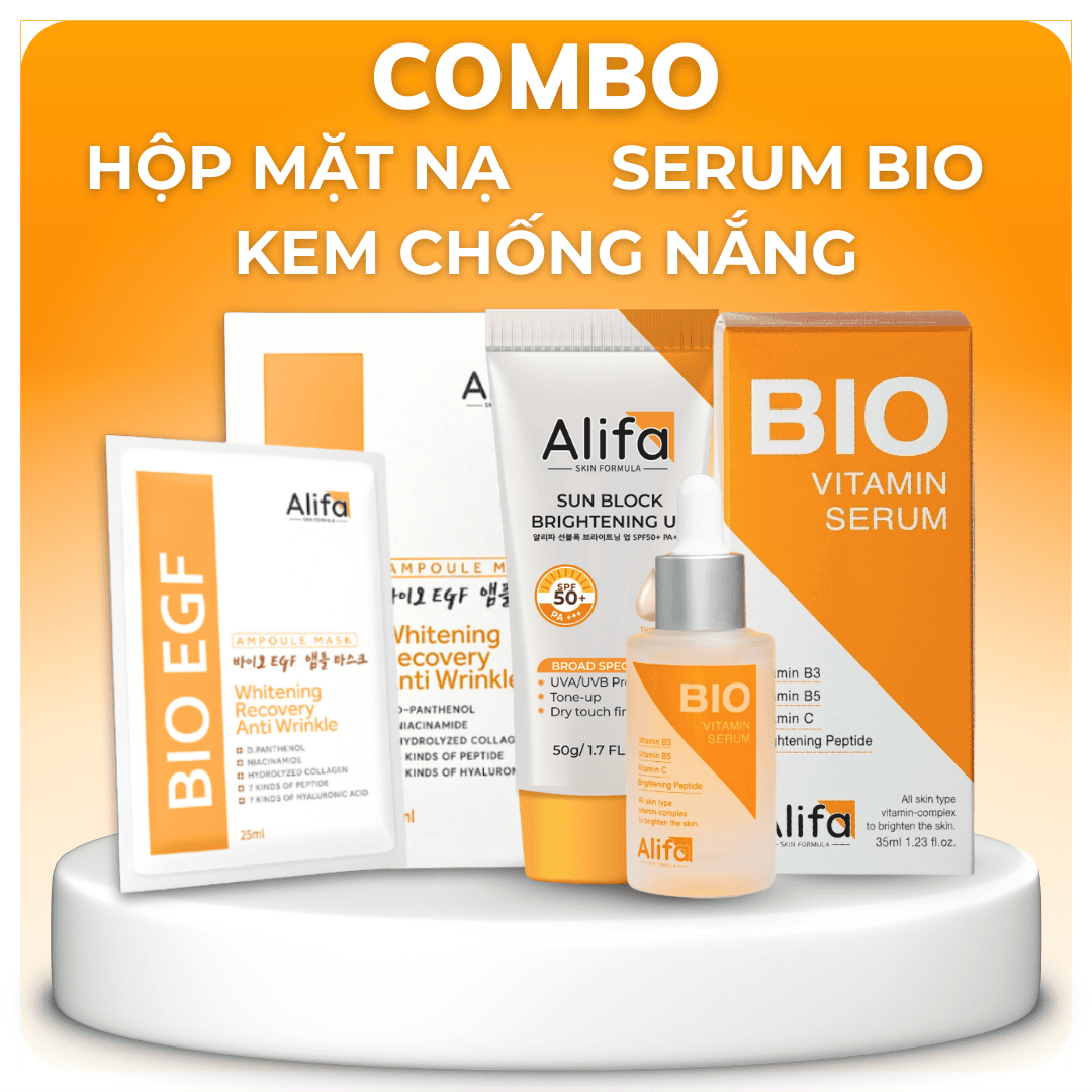 Combo dưỡng da Alifa - Serum dưỡng ẩm, dưỡng trắng da 35ml - Hộp 10 Mặt nạ 25ml - Kem chống nắng cho mặt 50g