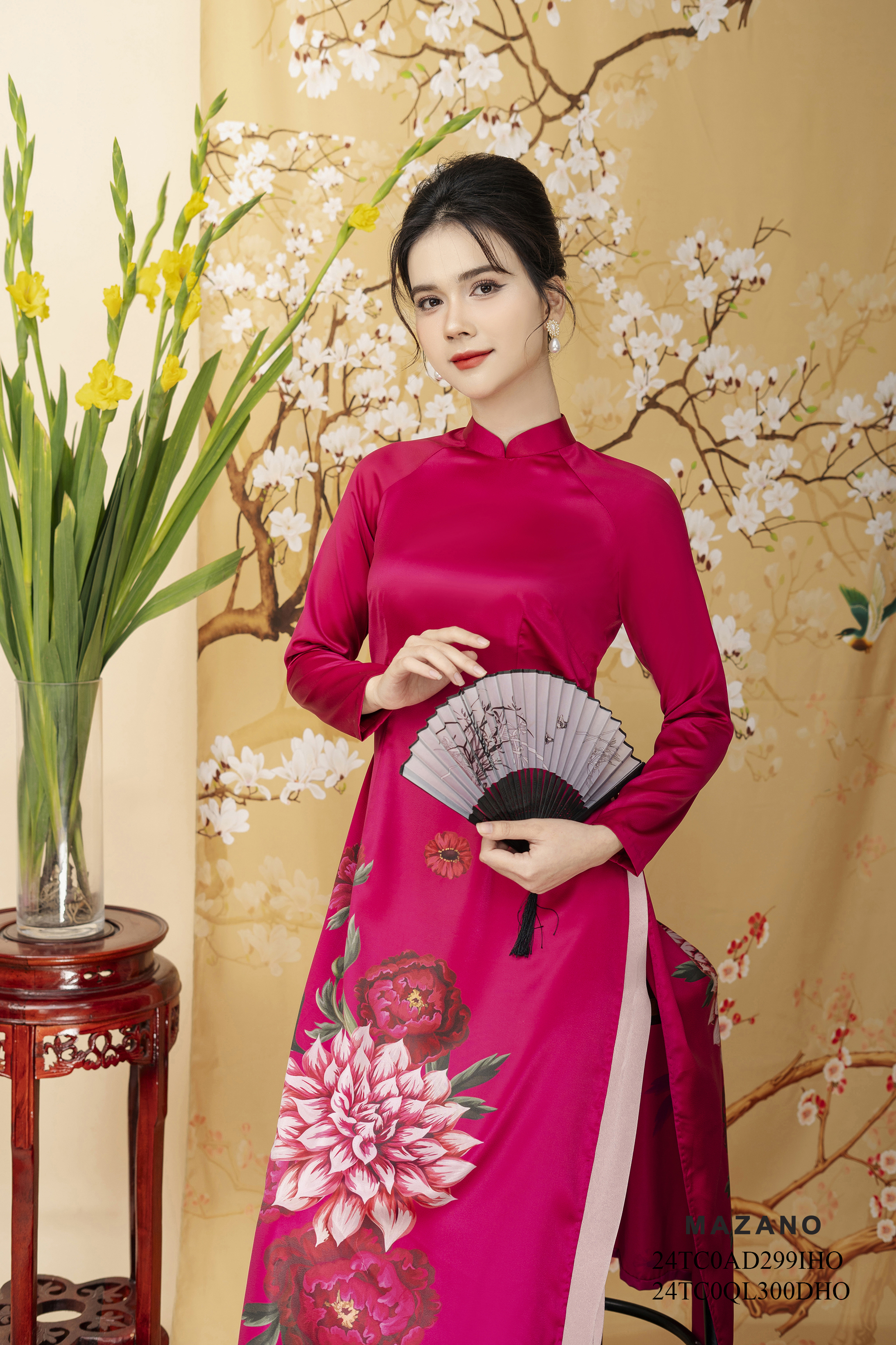 Áo Dài in hoa thược dược Vải lụa ngọc trai Cổ tàu Tay dài Dài tới mắt cá chân- mã mẫu 24TC0AD299IHO_thumbnail_5