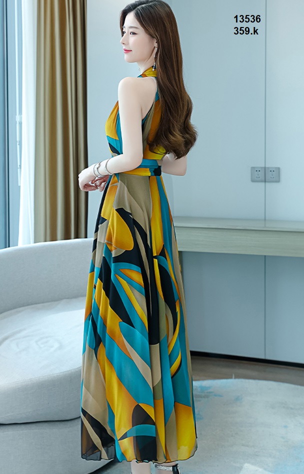 13536-Đầm maxi sát nách cổ  đắp chéo in họa tiết  sắc màu(voan; khóa hông )_thumbnail_1