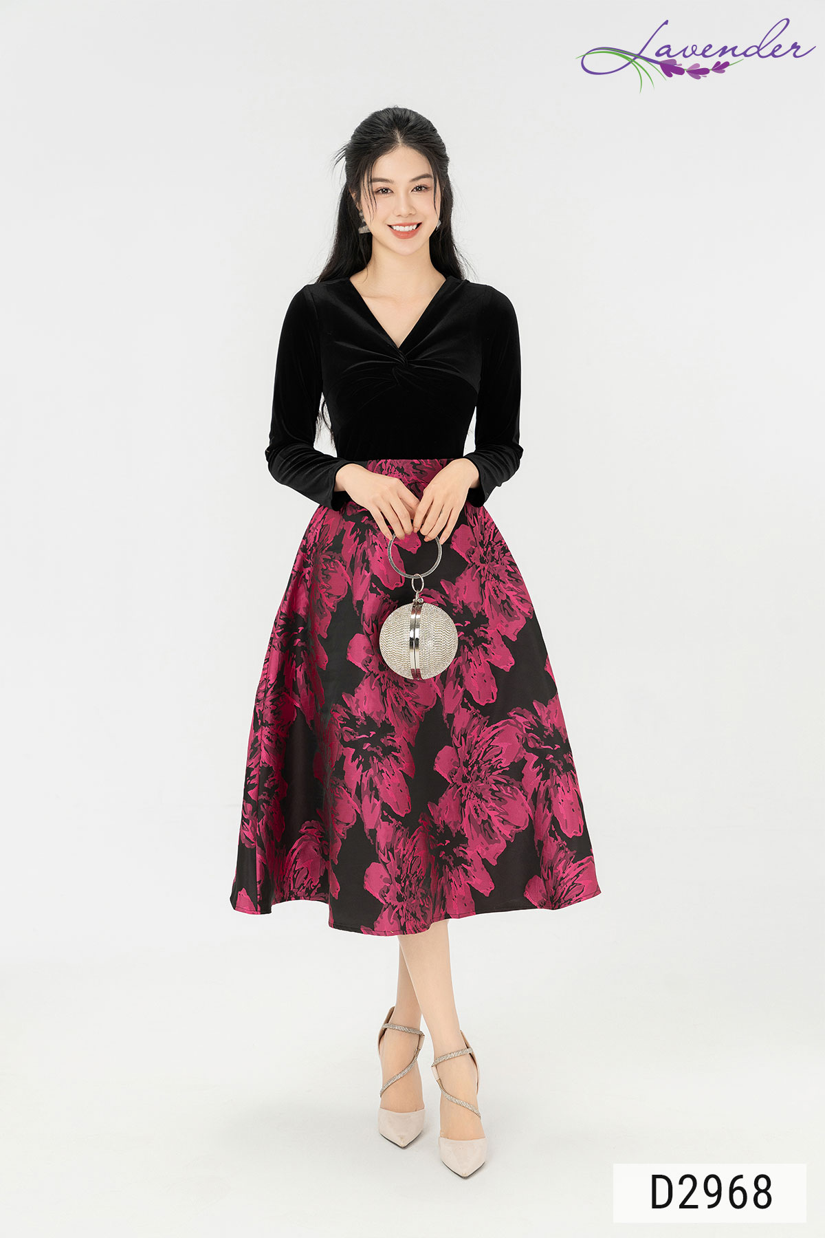 Đầm nhung phối tafta dáng xòe chân váy hoa cổ V tay dài D2968_thumbnail_2