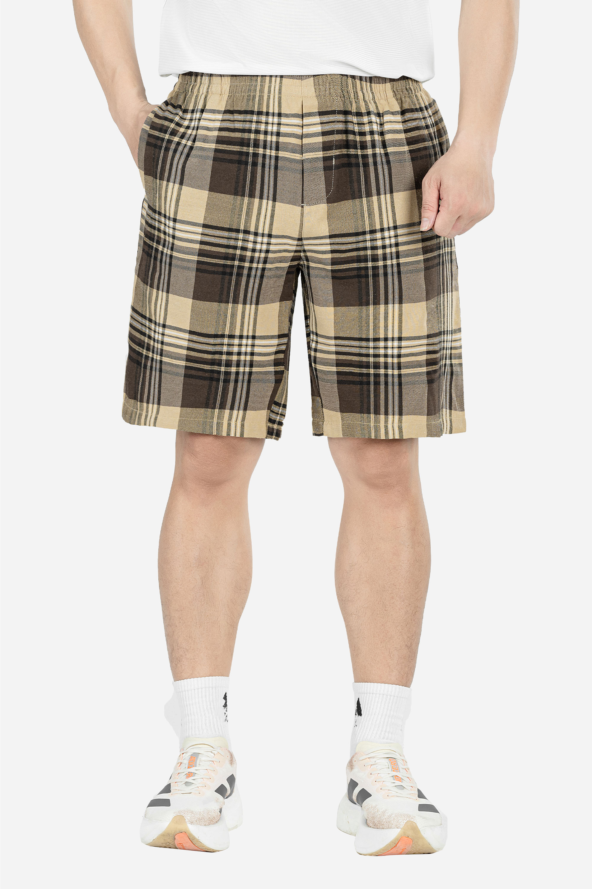 Quần Soọc Kẻ Caro Nam Trung Niên ANCHI Chất Liệu Cotton Dáng Suông Dài Qua Gối Màu Nâu Nhạt